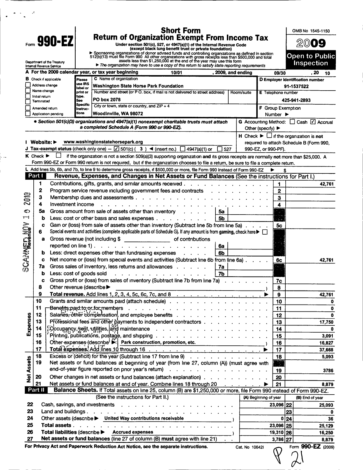 Image of first page of 2009 Form 990EZ for Washington State Horse Park Foundation