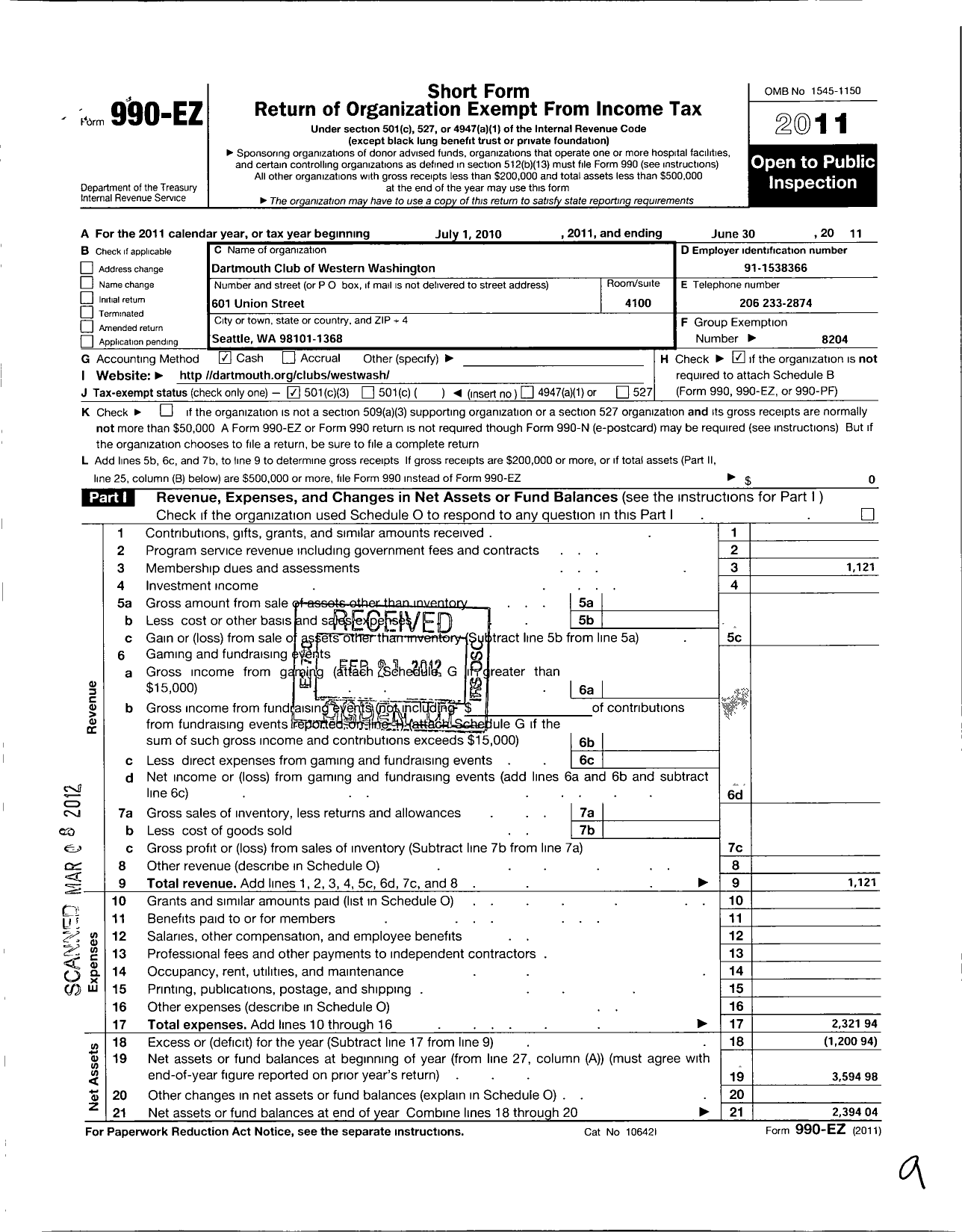 Image of first page of 2010 Form 990EZ for Dartmouth Club of Western Washington