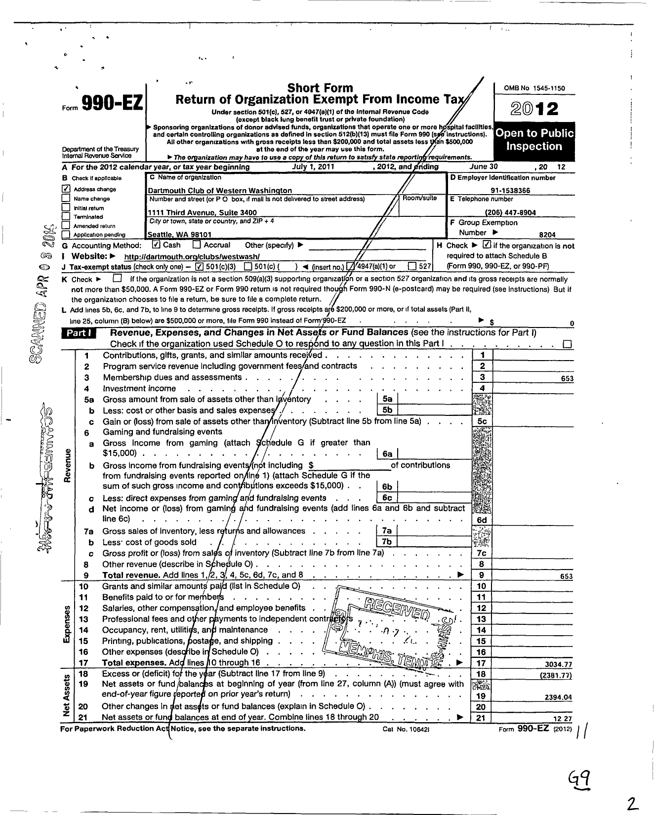 Image of first page of 2011 Form 990EZ for Dartmouth Club of Western Washington