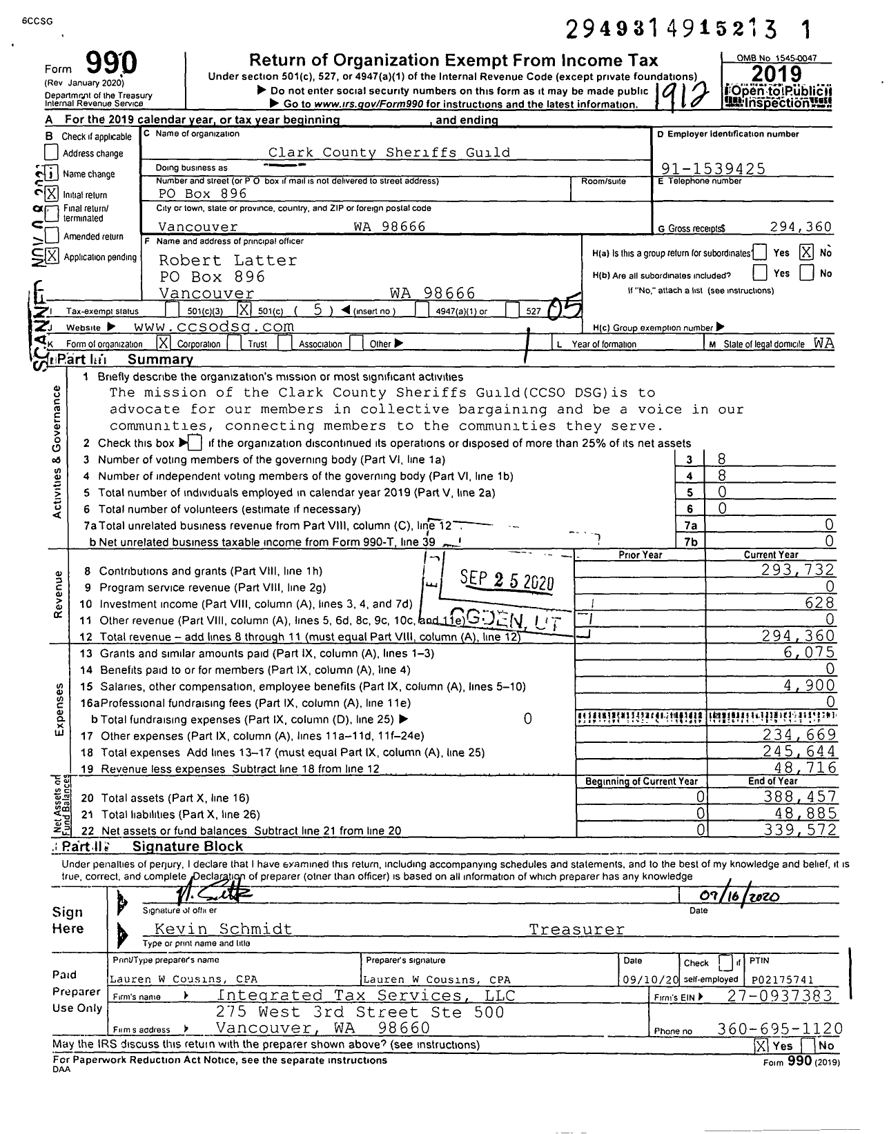 Image of first page of 2019 Form 990O for Clark County Deputy Sheriffs Guild