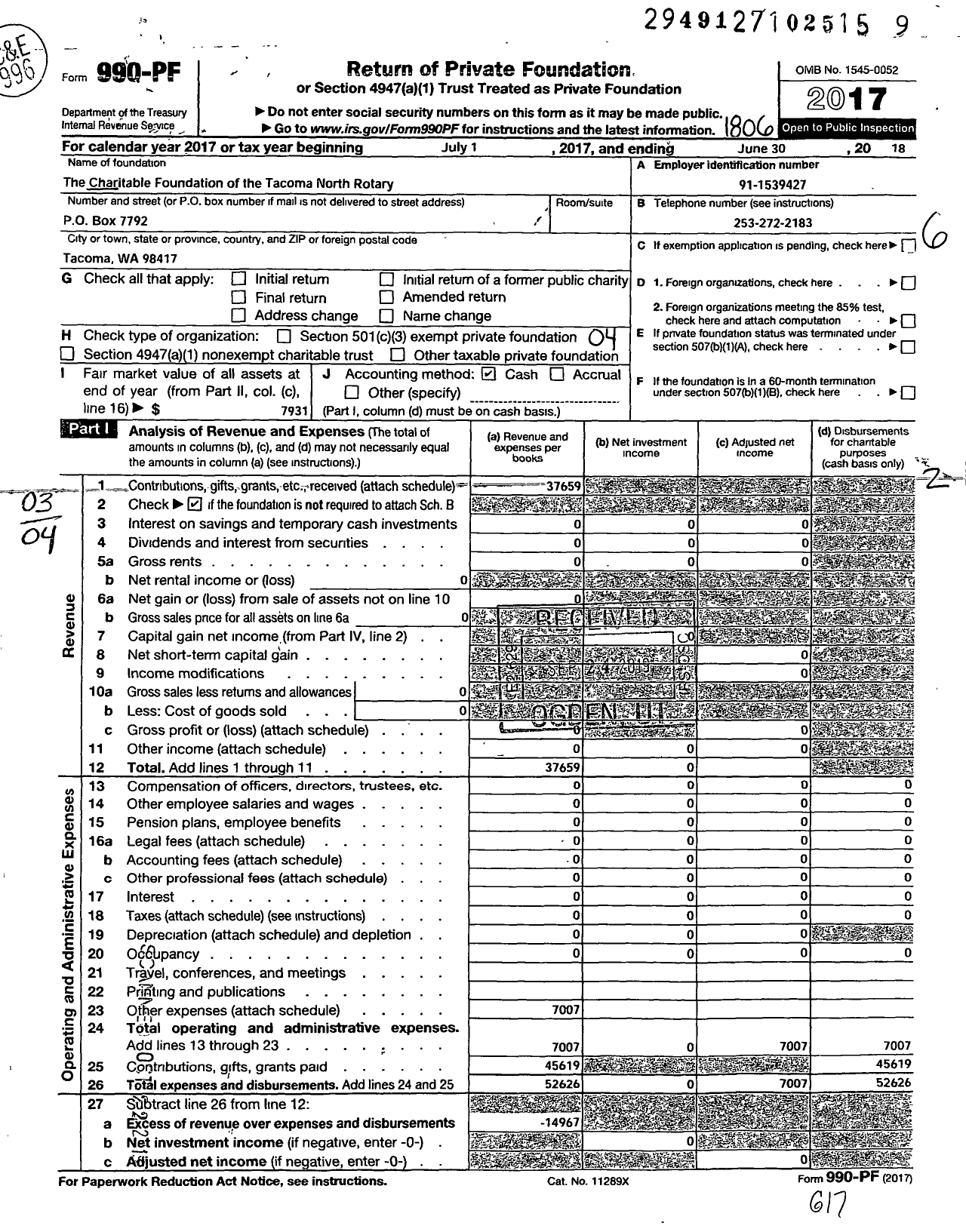 Image of first page of 2017 Form 990PF for Charitable Foundation of the Rotary Club of Tacoma North State