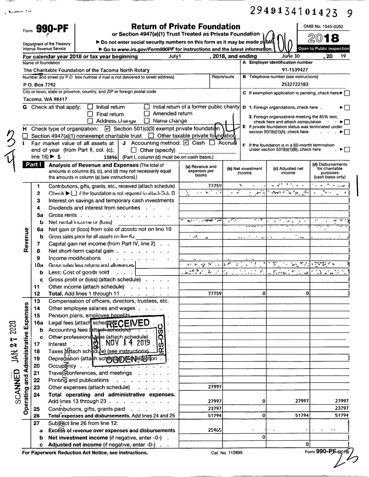 Image of first page of 2018 Form 990PF for Charitable Foundation of the Rotary Club of Tacoma North State