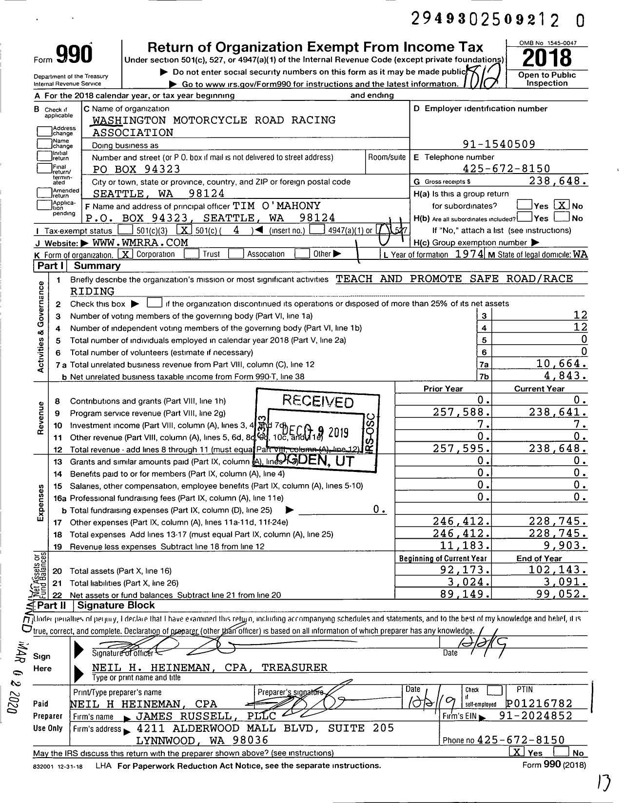 Image of first page of 2018 Form 990O for Washington Motorcycle Road Racing Association (WMRRA)