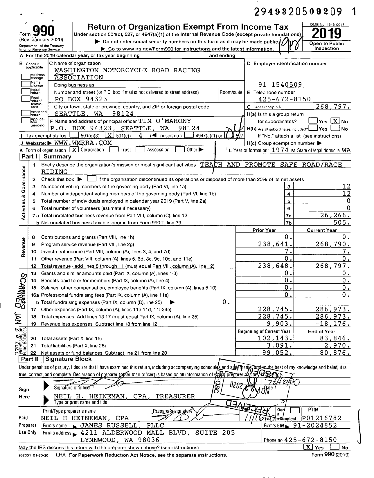 Image of first page of 2019 Form 990O for Washington Motorcycle Road Racing Association (WMRRA)