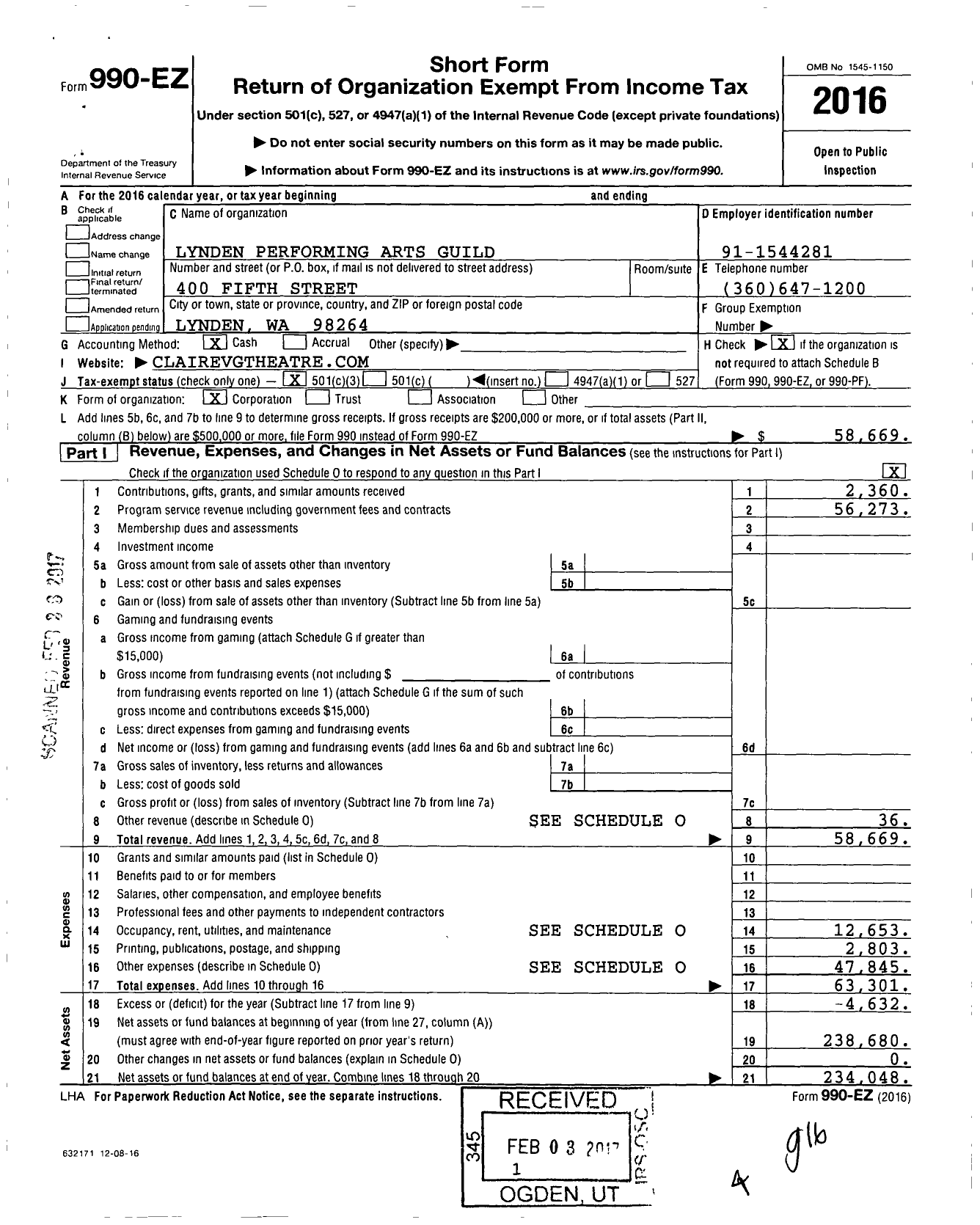 Image of first page of 2016 Form 990EZ for Lynden Performing Arts Guild