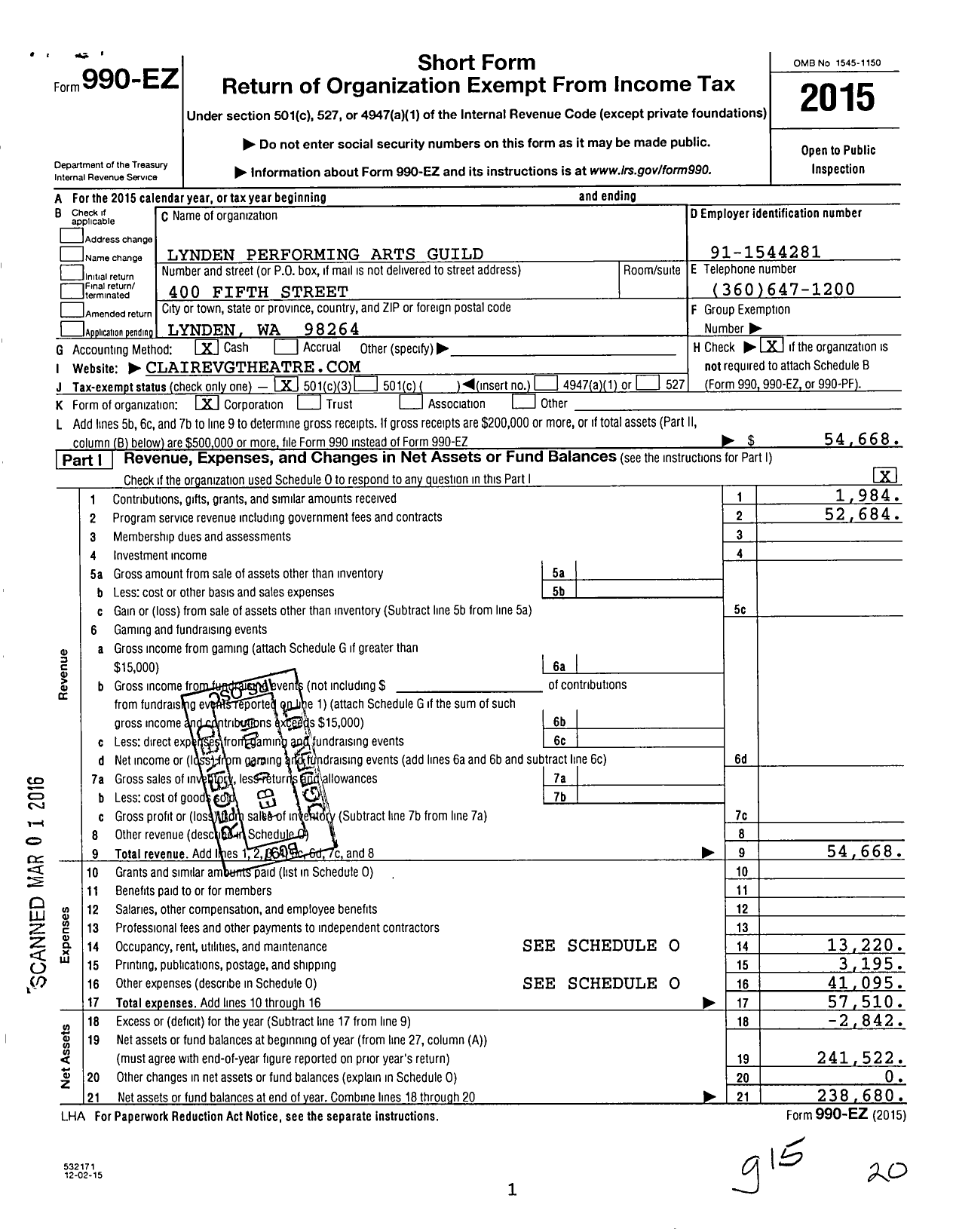 Image of first page of 2015 Form 990EZ for Lynden Performing Arts Guild