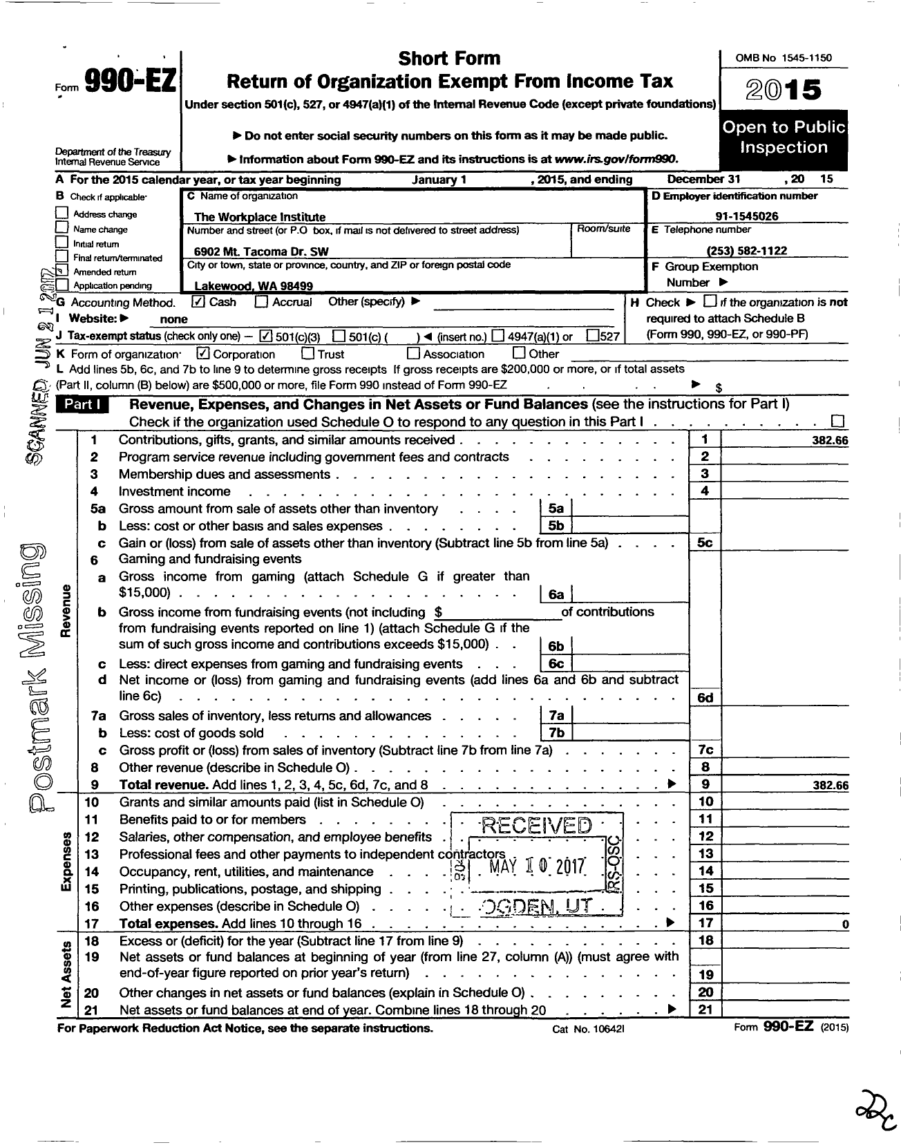 Image of first page of 2015 Form 990EZ for Workplace Institute