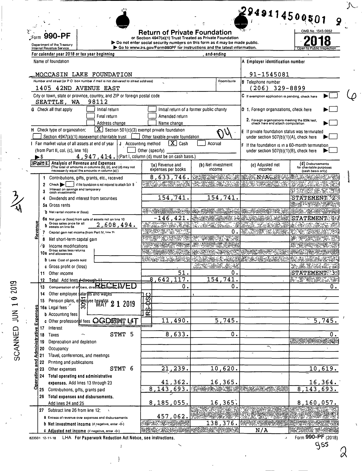 Image of first page of 2018 Form 990PF for Moccasin Lake Foundation