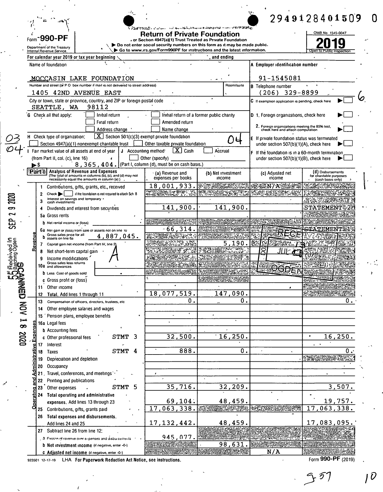 Image of first page of 2019 Form 990PF for Moccasin Lake Foundation