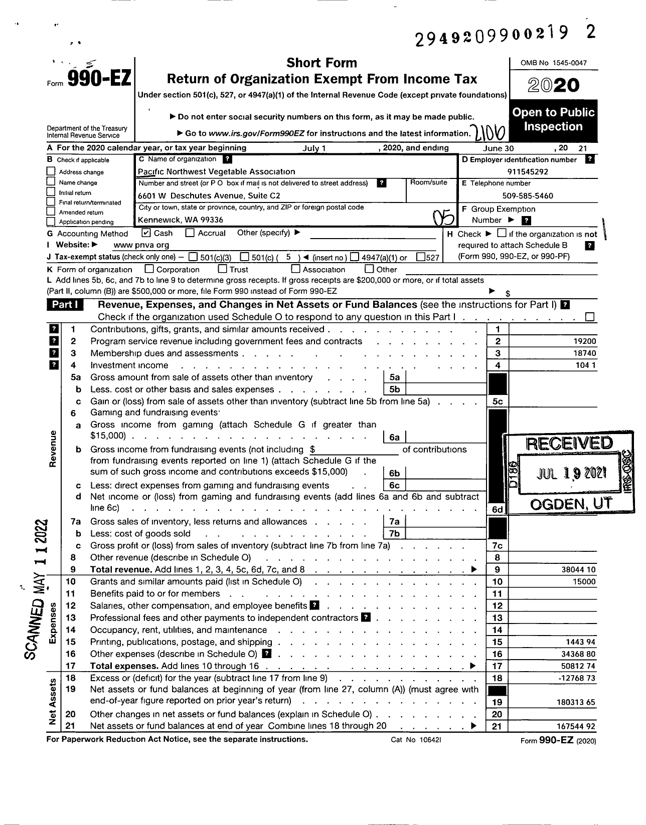 Image of first page of 2020 Form 990EO for Pacific Northwest Vegetable Association