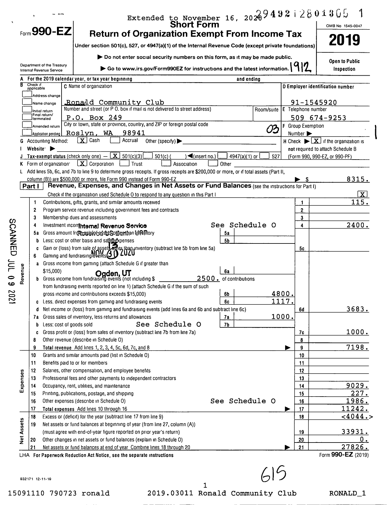 Image of first page of 2019 Form 990EZ for Ronald Community Club