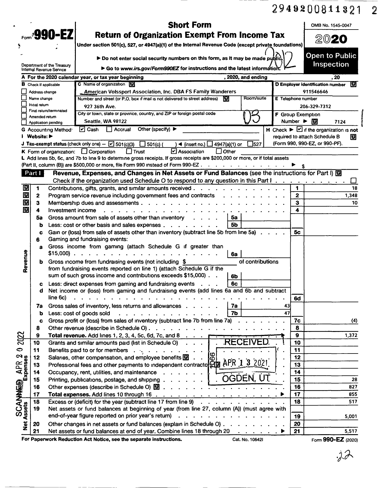 Image of first page of 2020 Form 990EZ for American Volkssport Association - 249 F S Family Wanderers