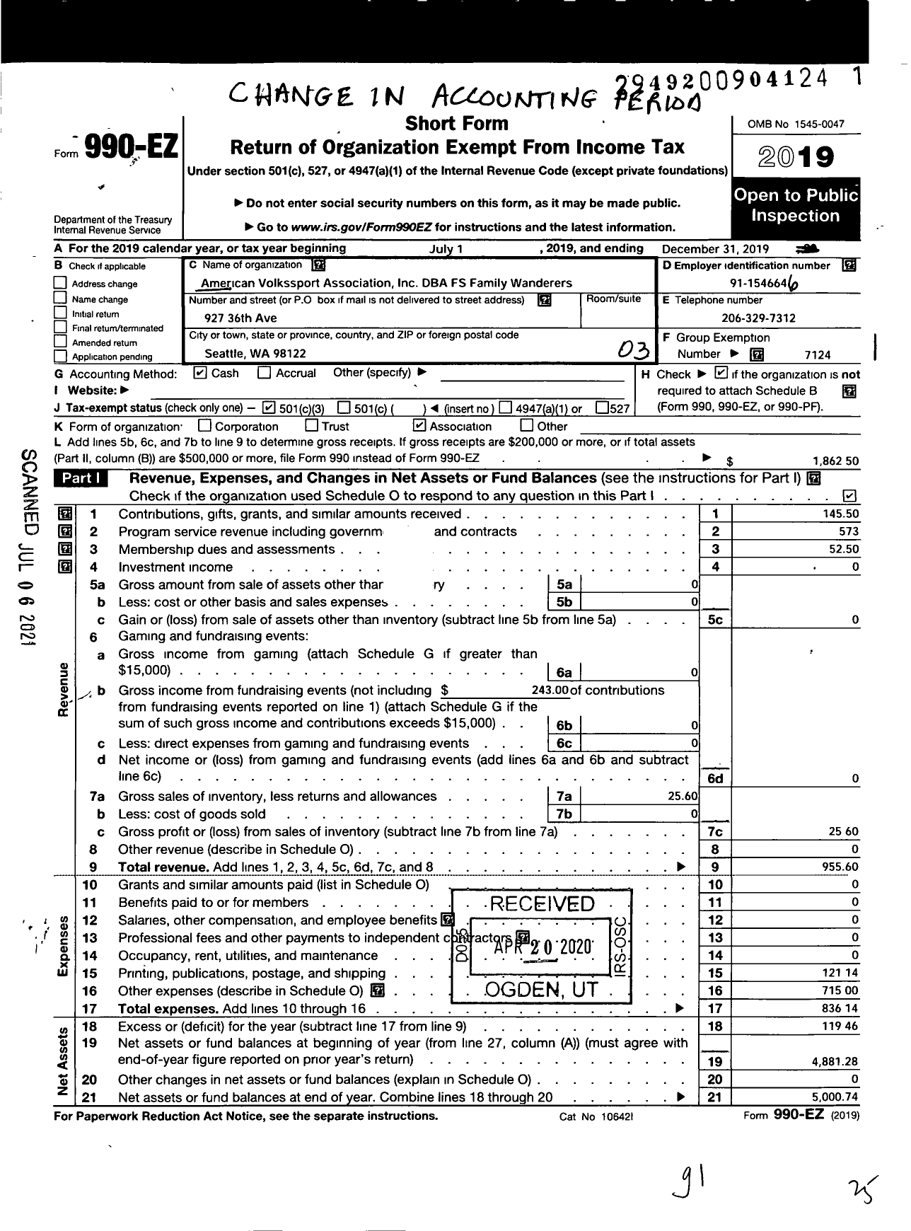 Image of first page of 2019 Form 990EZ for American Volkssport Association - 249 F S Family Wanderers