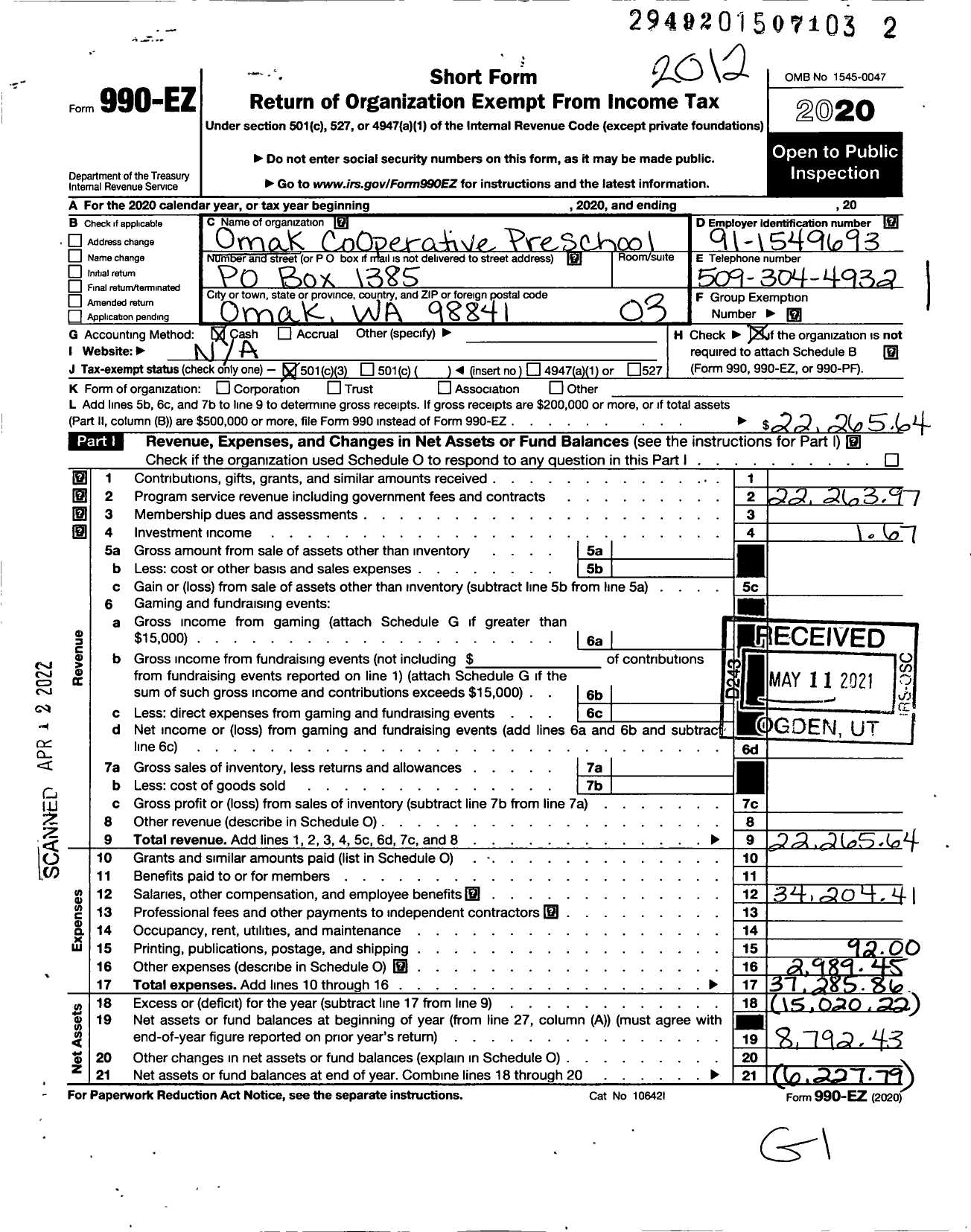 Image of first page of 2020 Form 990EZ for Omak Cooperative Preschool