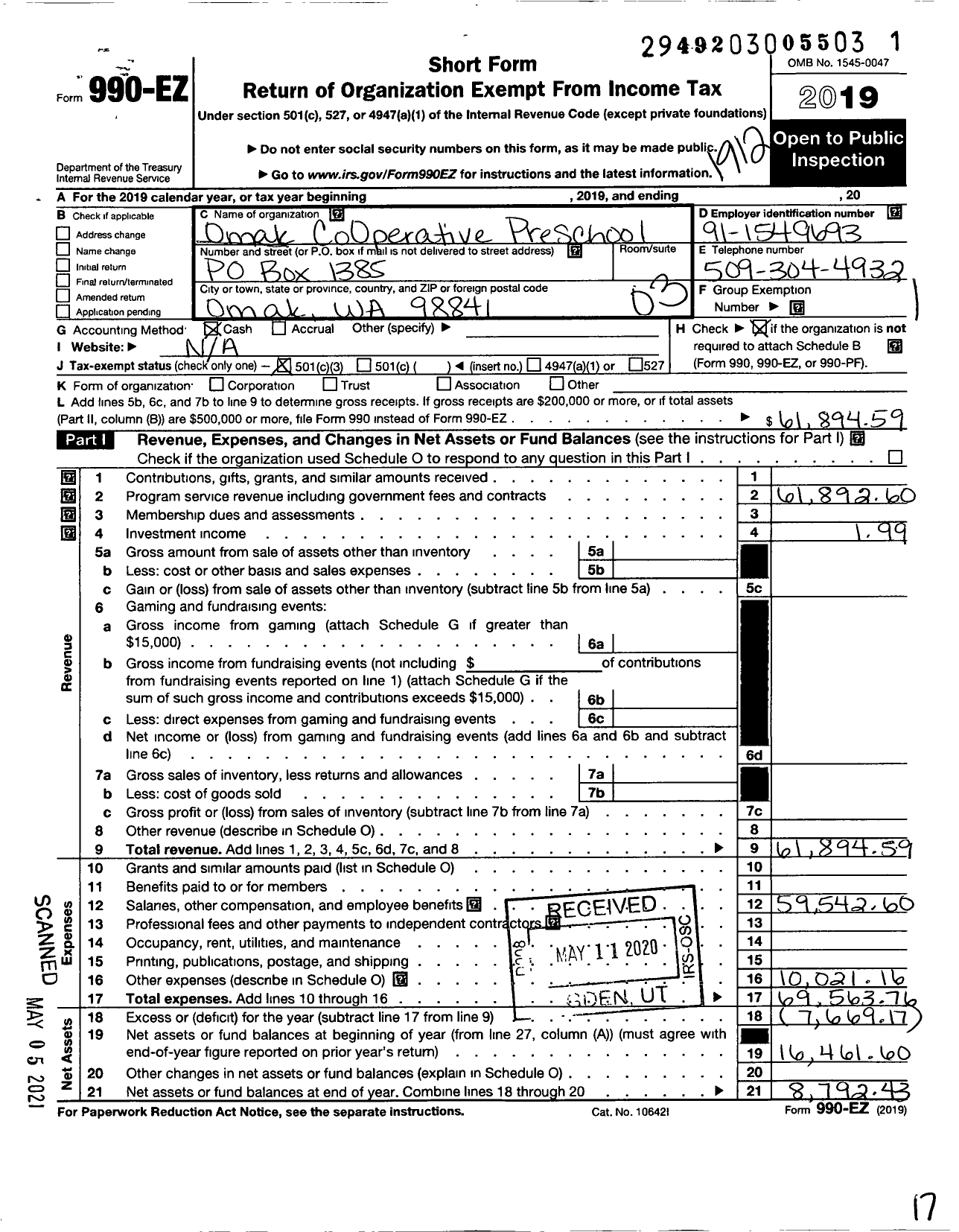 Image of first page of 2019 Form 990EZ for Omak Cooperative Preschool