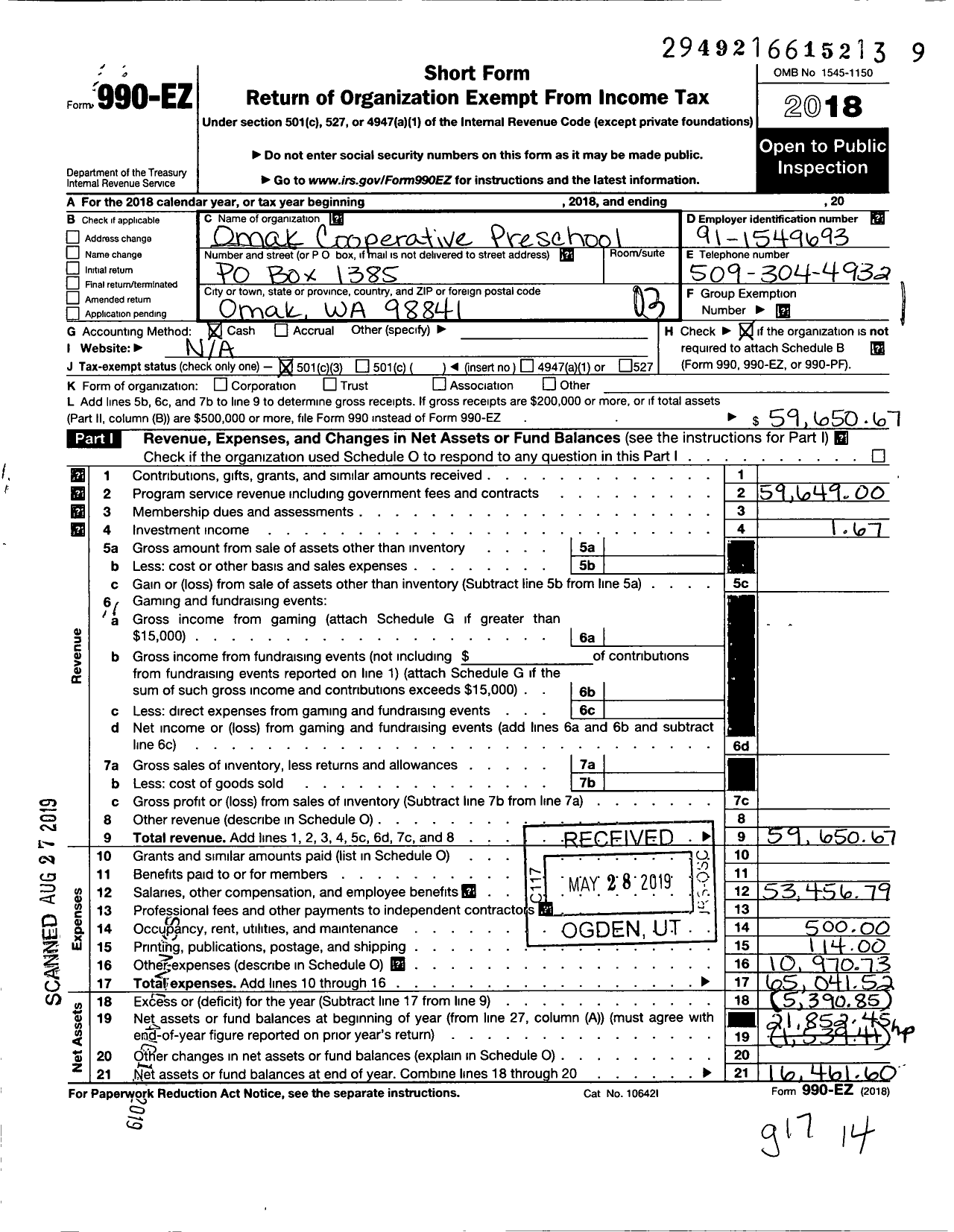 Image of first page of 2018 Form 990EZ for Omak Cooperative Preschool