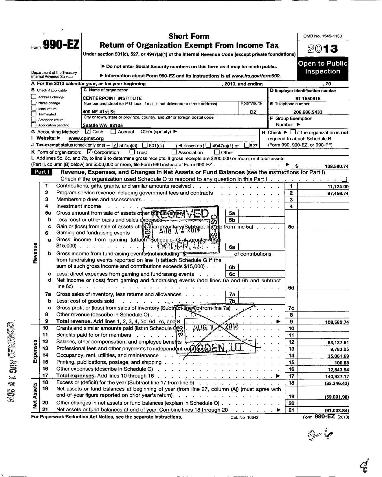 Image of first page of 2013 Form 990EZ for Centerpoint Institute