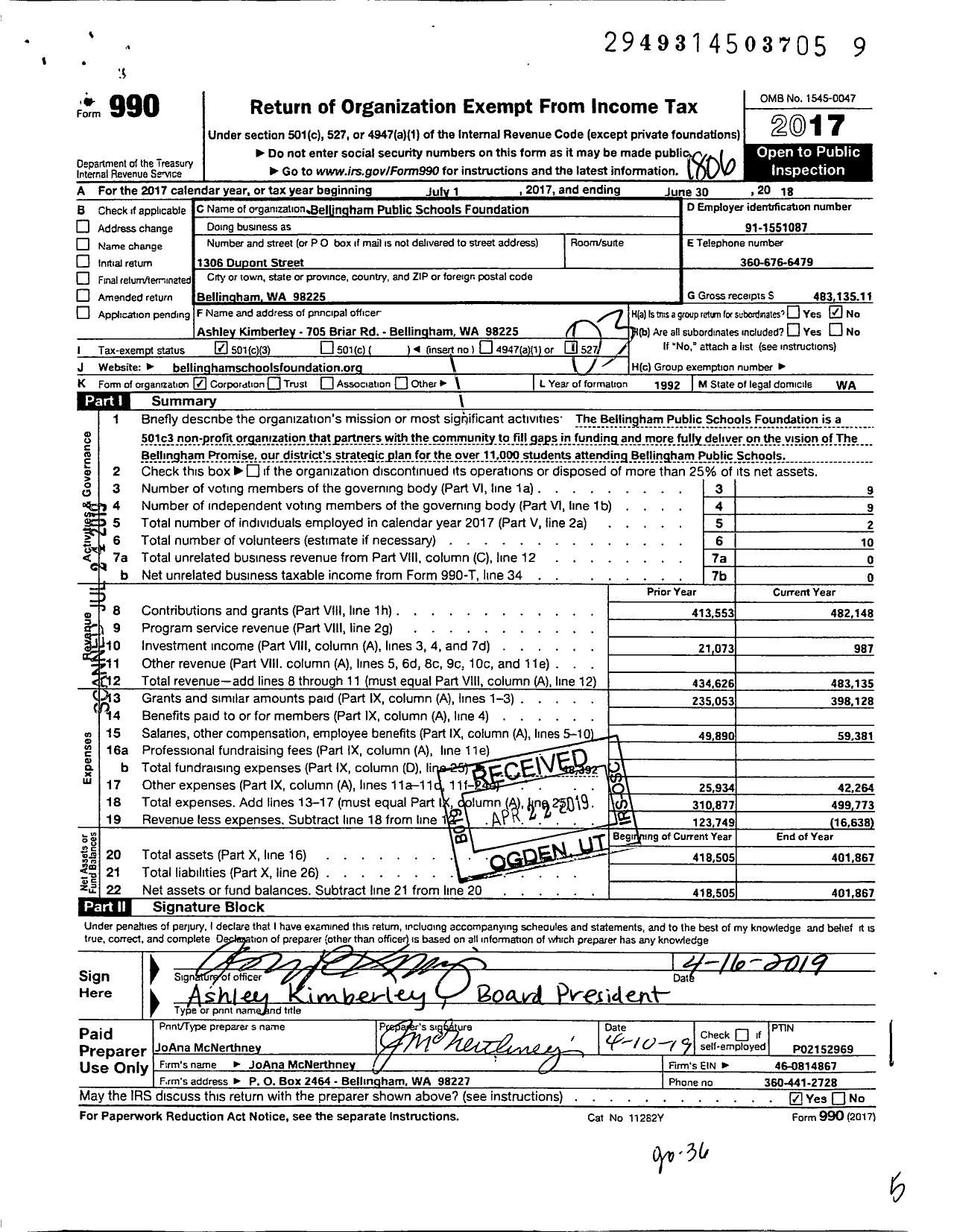 Image of first page of 2017 Form 990 for The Bellingham Public School Foundation