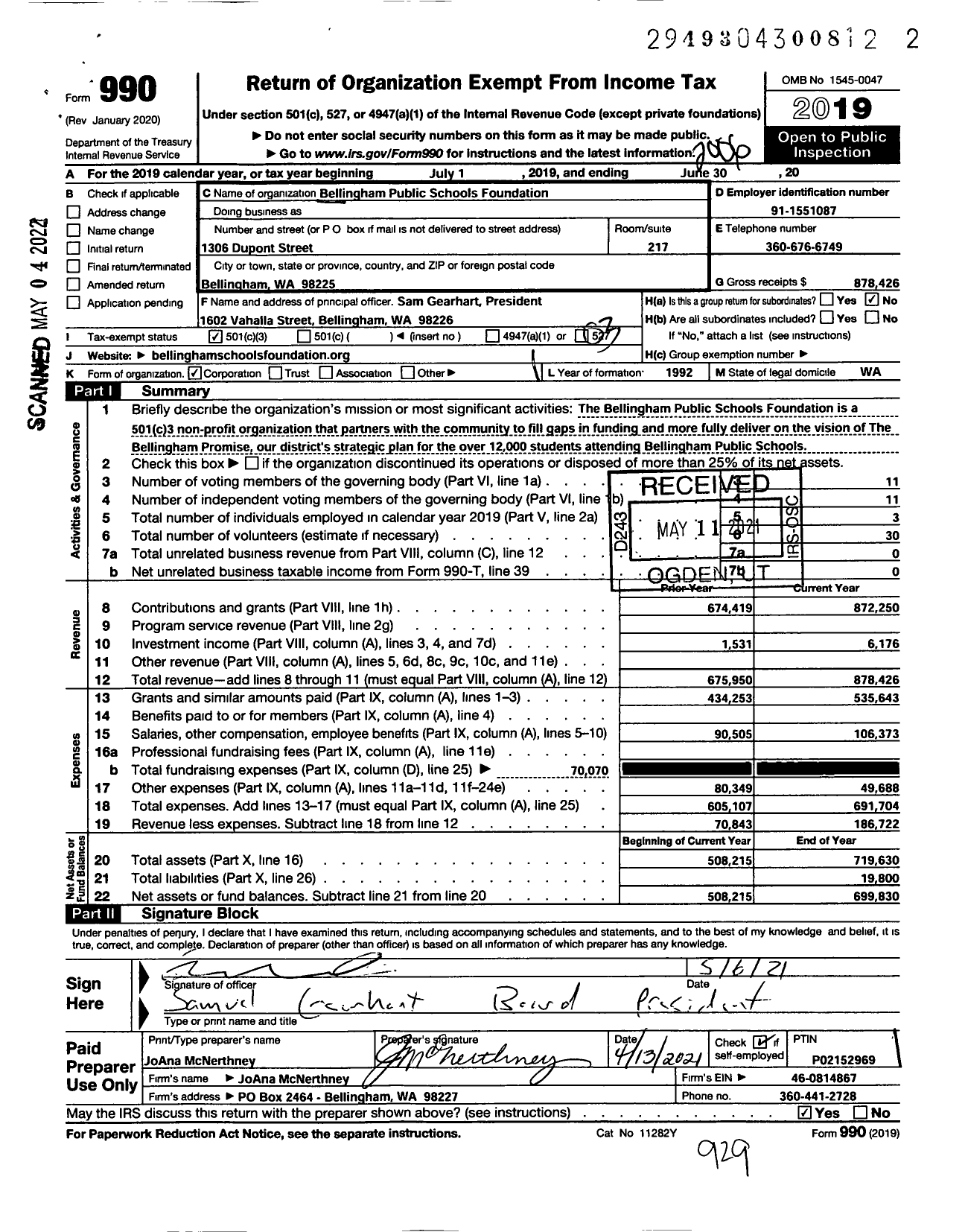 Image of first page of 2019 Form 990 for The Bellingham Public School Foundation