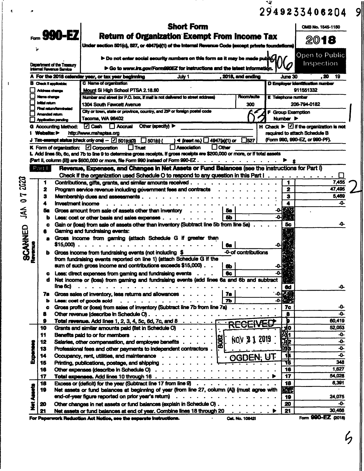 Image of first page of 2018 Form 990EZ for MSHS Ptsa 2 18 60