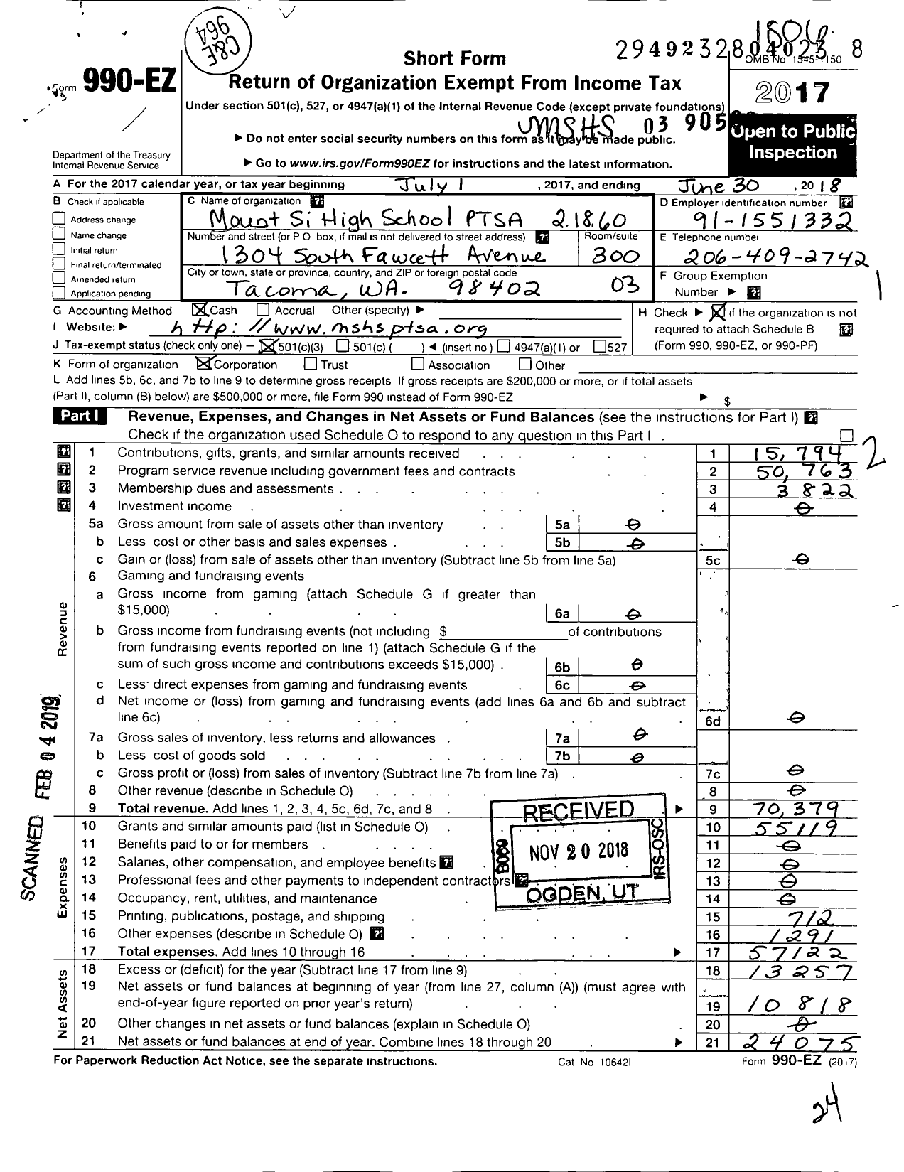 Image of first page of 2017 Form 990EZ for MSHS Ptsa 2 18 60