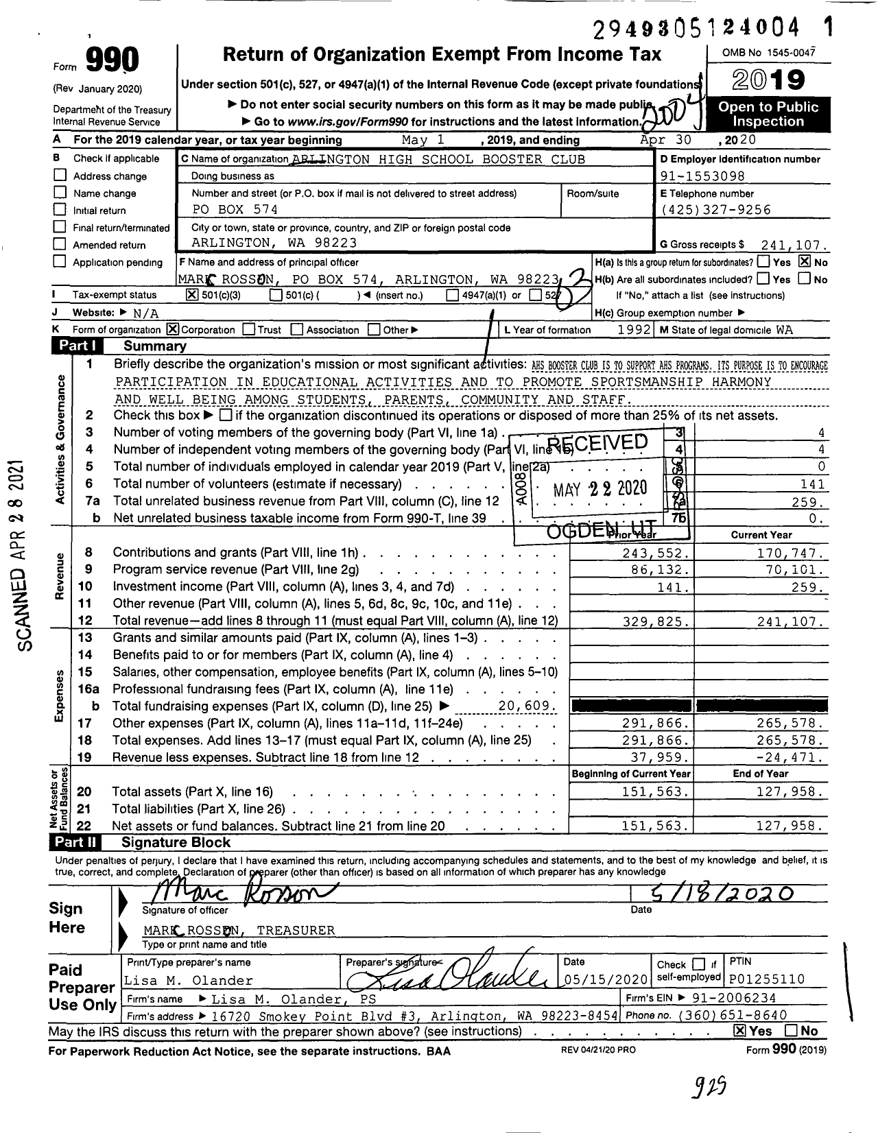 Image of first page of 2019 Form 990 for Arlington High School Booster Club