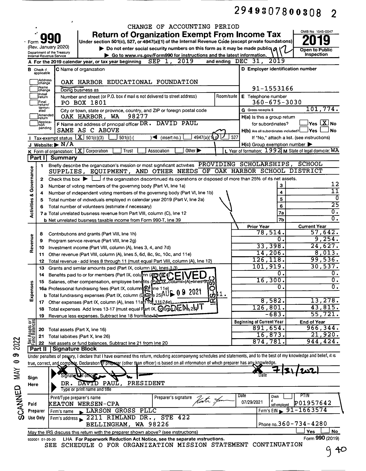 Image of first page of 2019 Form 990 for Oak Harbor Educational Foundation