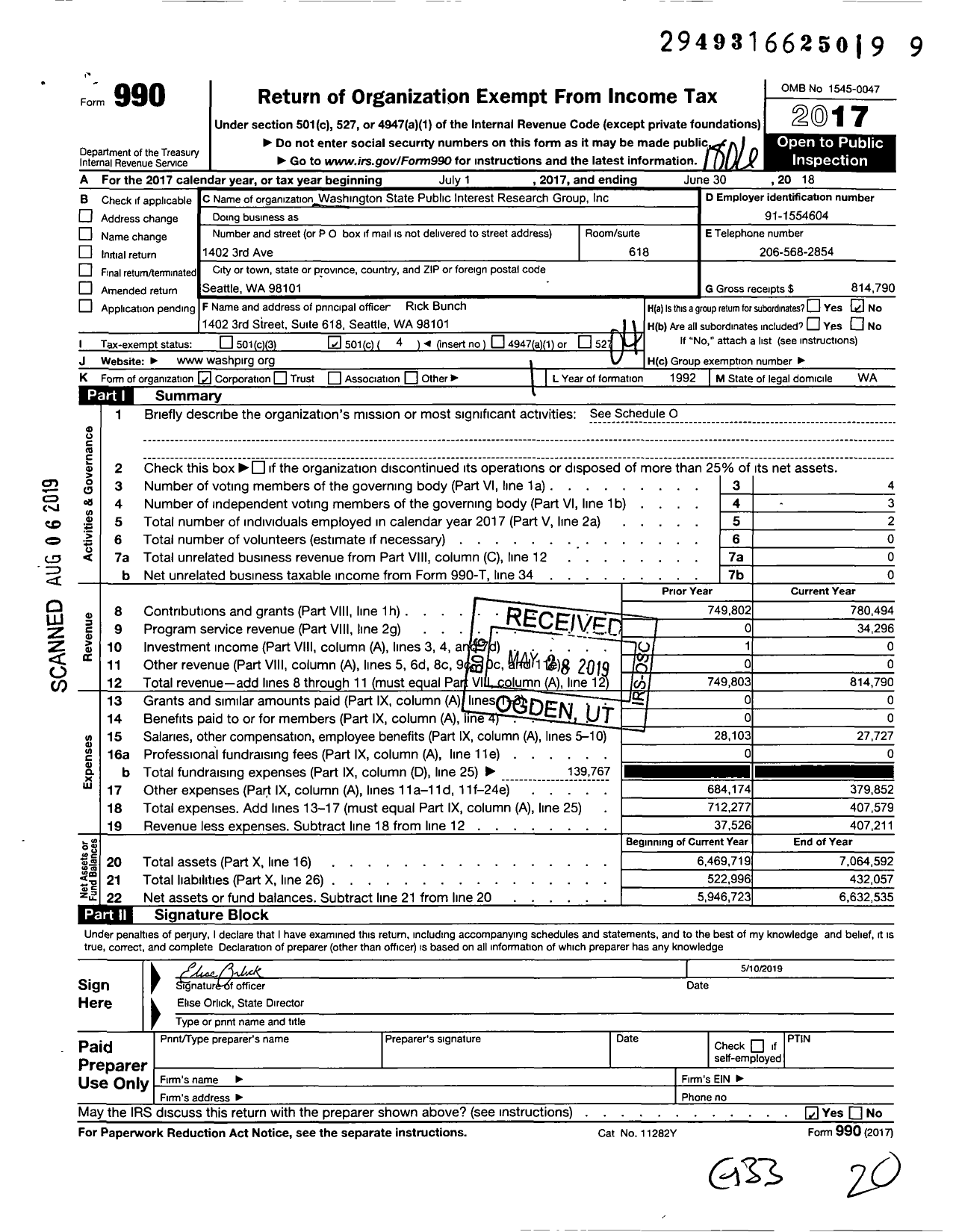 Image of first page of 2017 Form 990O for WashPIRG