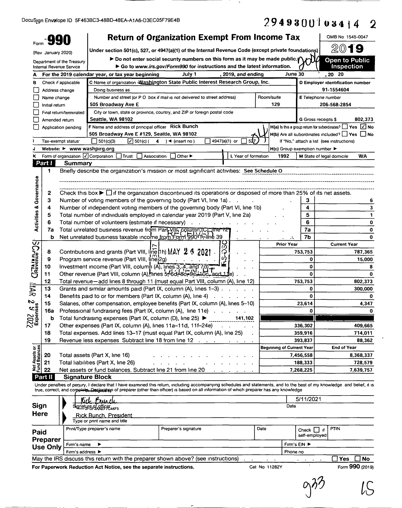 Image of first page of 2019 Form 990O for WashPIRG
