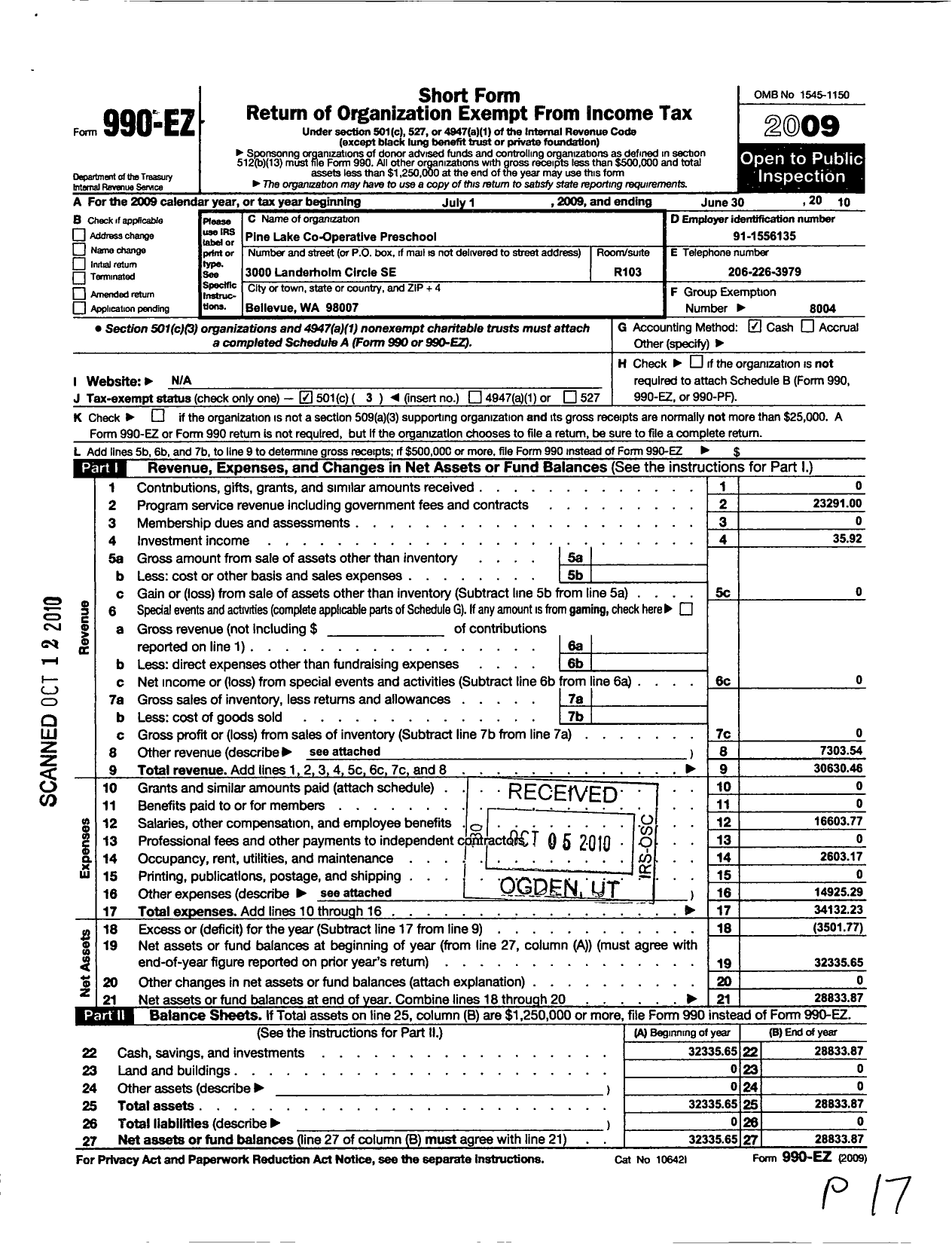 Image of first page of 2009 Form 990EZ for Parents Advisory Committee / Pinelake Cooperative Preschool 3S