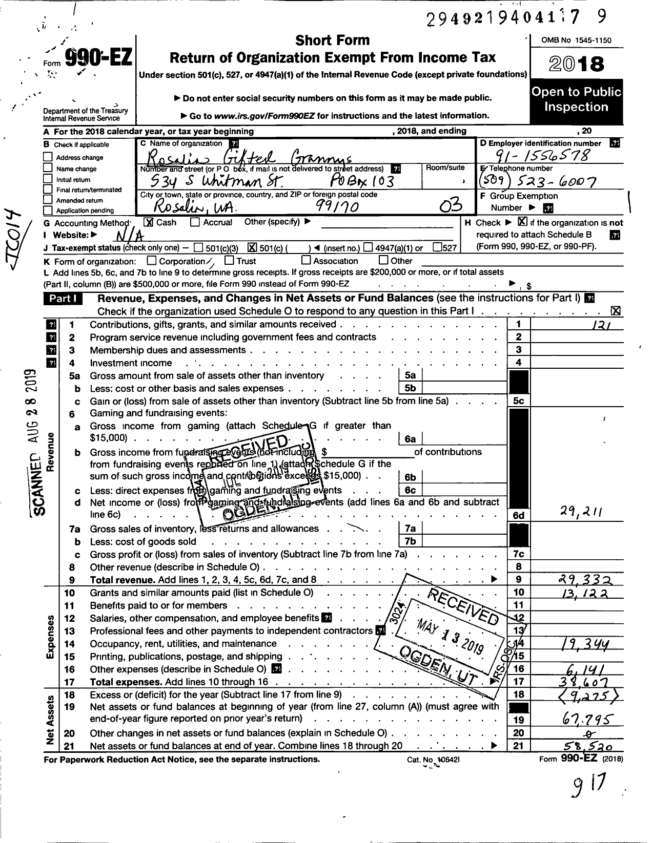 Image of first page of 2018 Form 990EZ for Rosalia Gifted Grannys