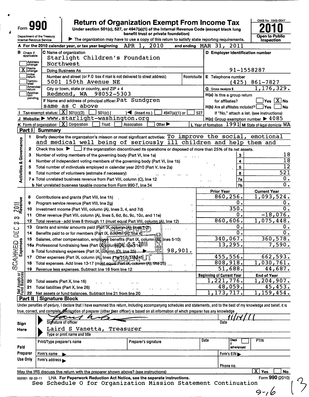 Image of first page of 2010 Form 990 for Starlight Childrens Foundation Northwest