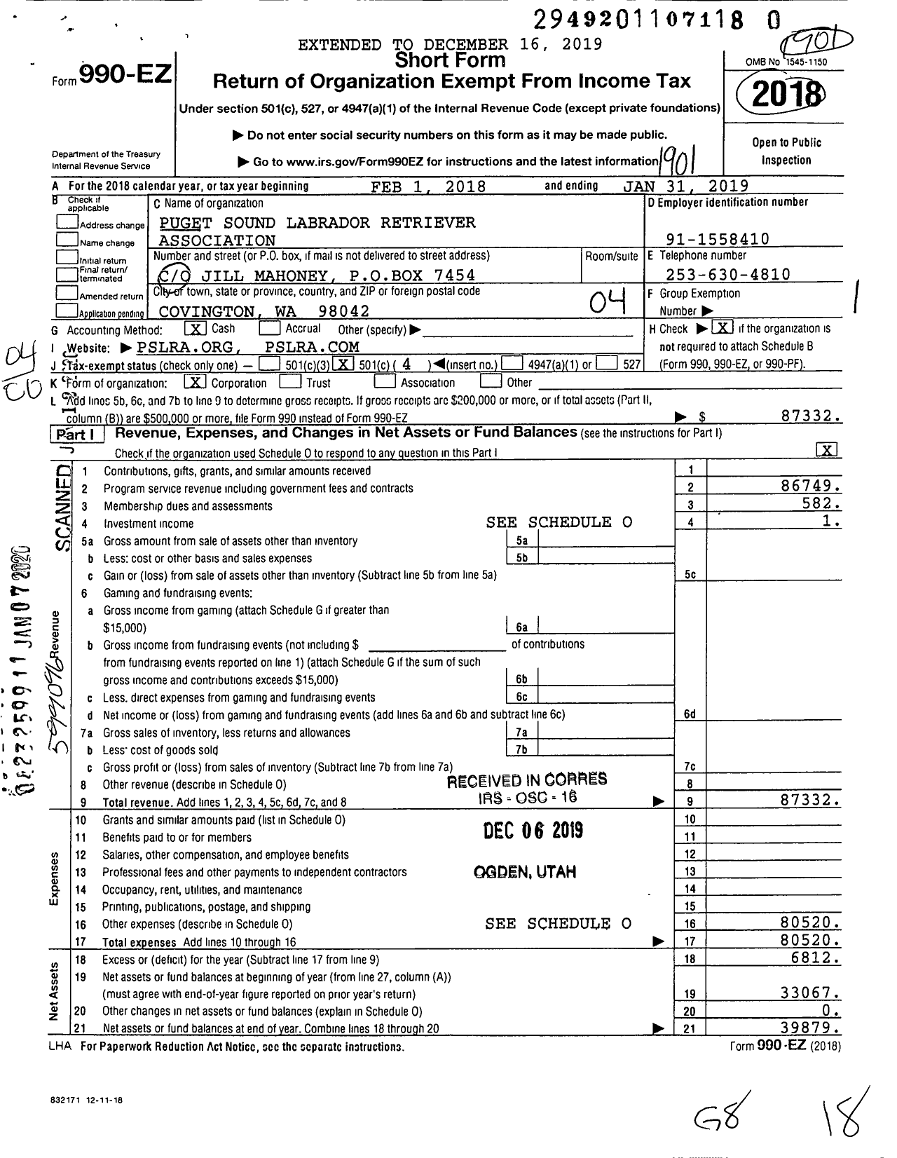 Image of first page of 2018 Form 990EO for Puget Sound Labrador Retriever Association