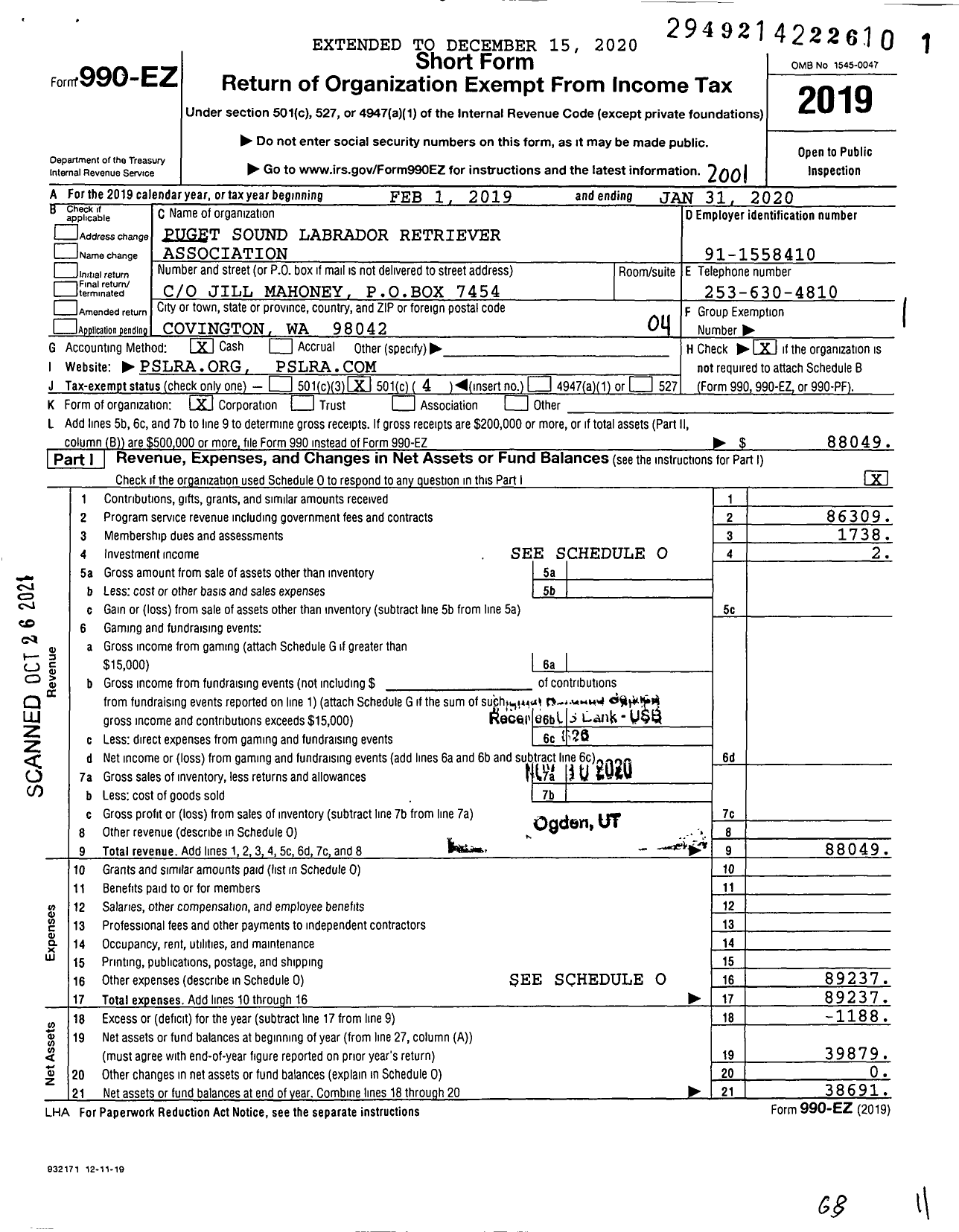 Image of first page of 2019 Form 990EO for Puget Sound Labrador Retriever Association