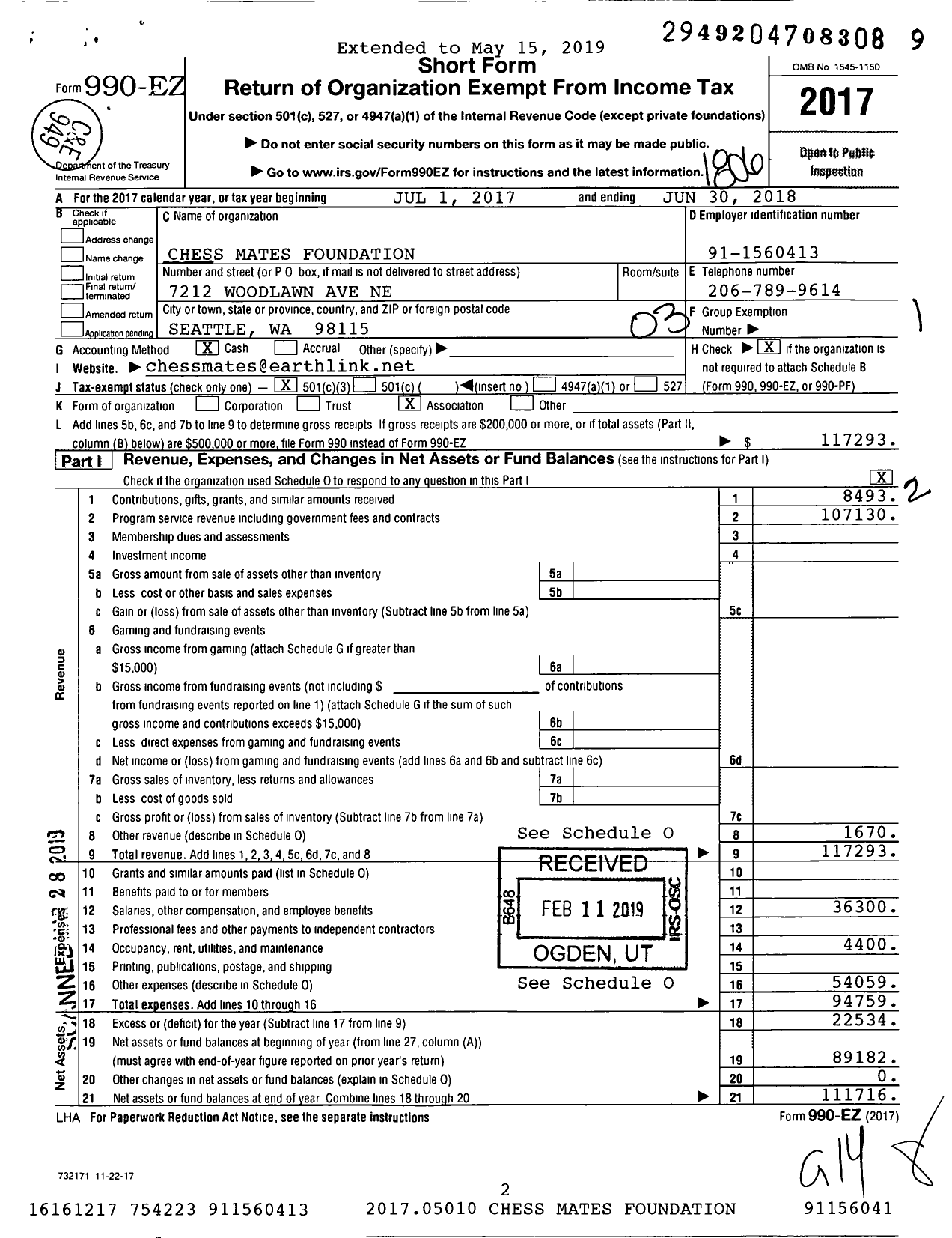 Image of first page of 2017 Form 990EZ for Chess Mates Foundation