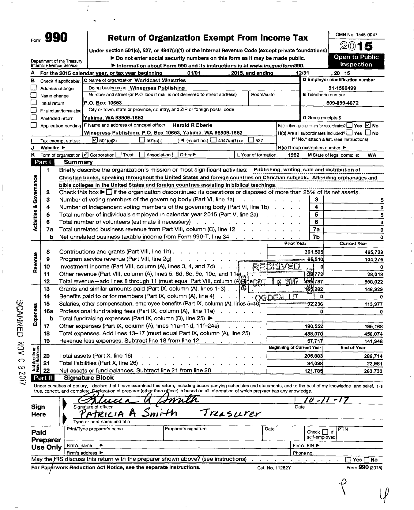 Image of first page of 2015 Form 990 for Worldcast Ministries