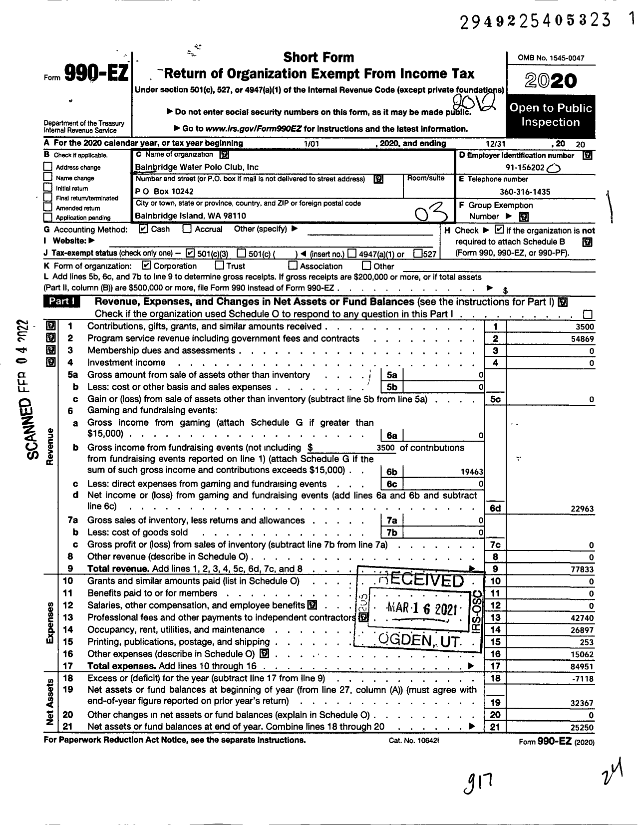 Image of first page of 2020 Form 990EZ for Bainbridge Island Water Polo Club