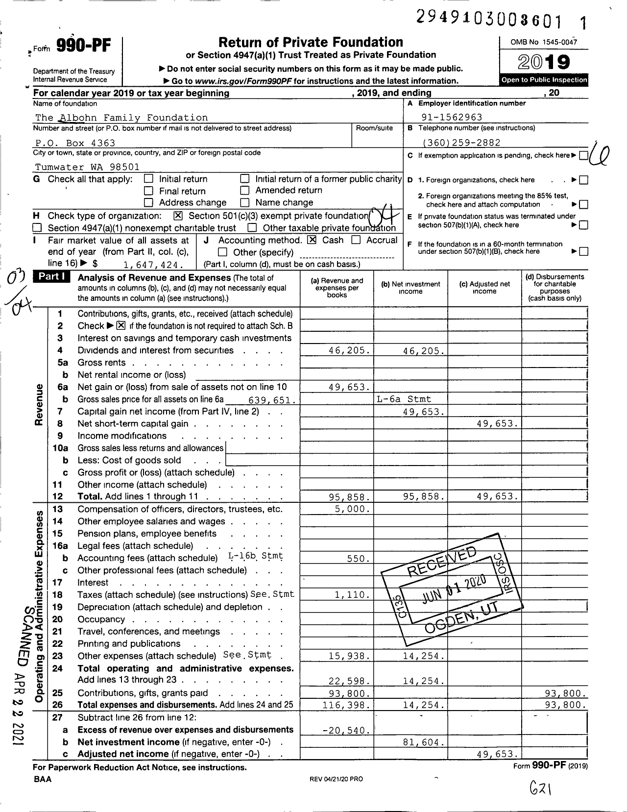 Image of first page of 2019 Form 990PF for The Albohn Family Foundation