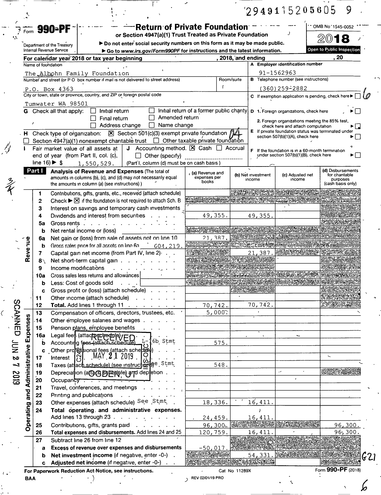 Image of first page of 2018 Form 990PF for The Albohn Family Foundation