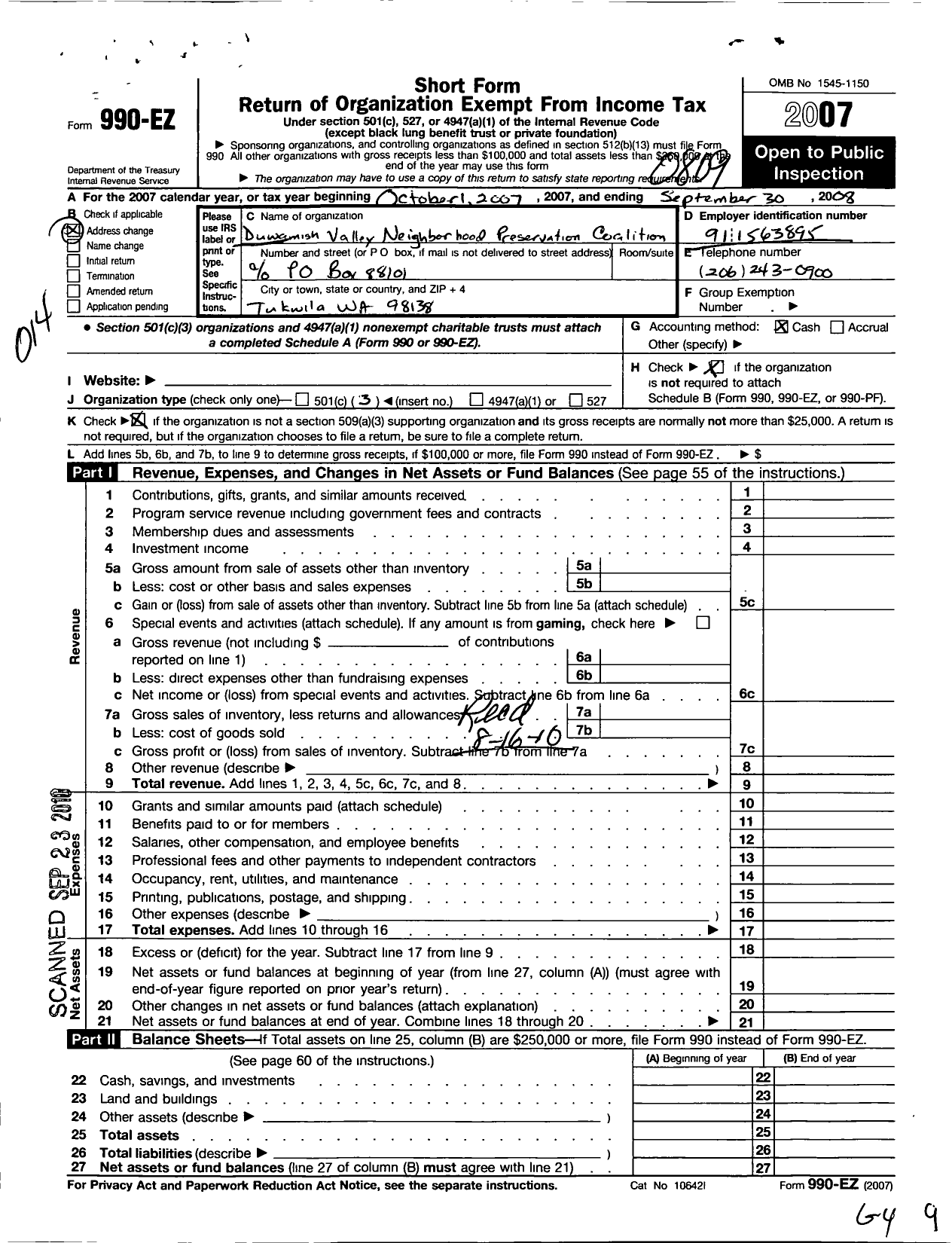 Image of first page of 2007 Form 990EZ for Duwamish Valley Neighborhood Preservation Coalition