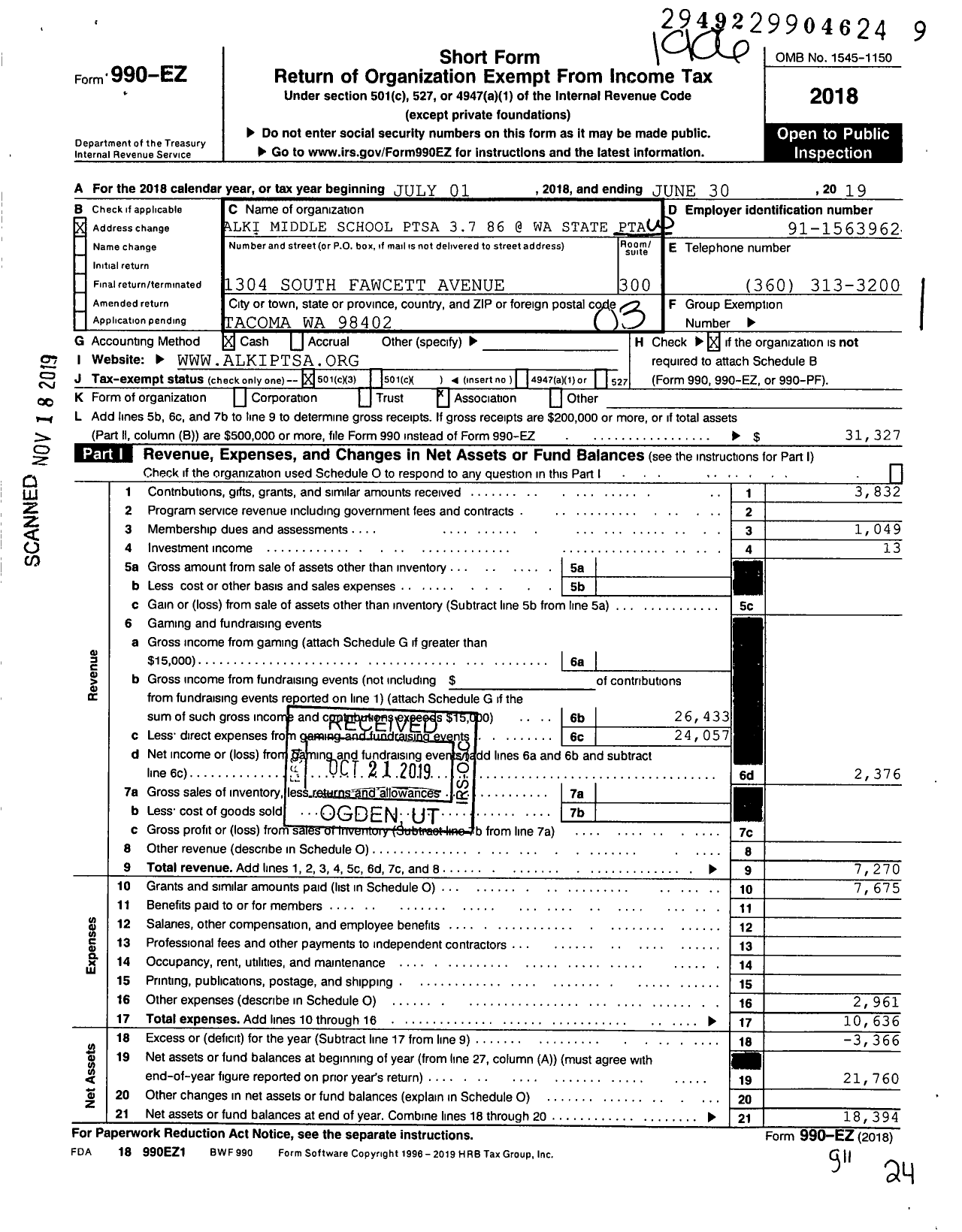 Image of first page of 2018 Form 990EZ for ALKI Middle School PTSA