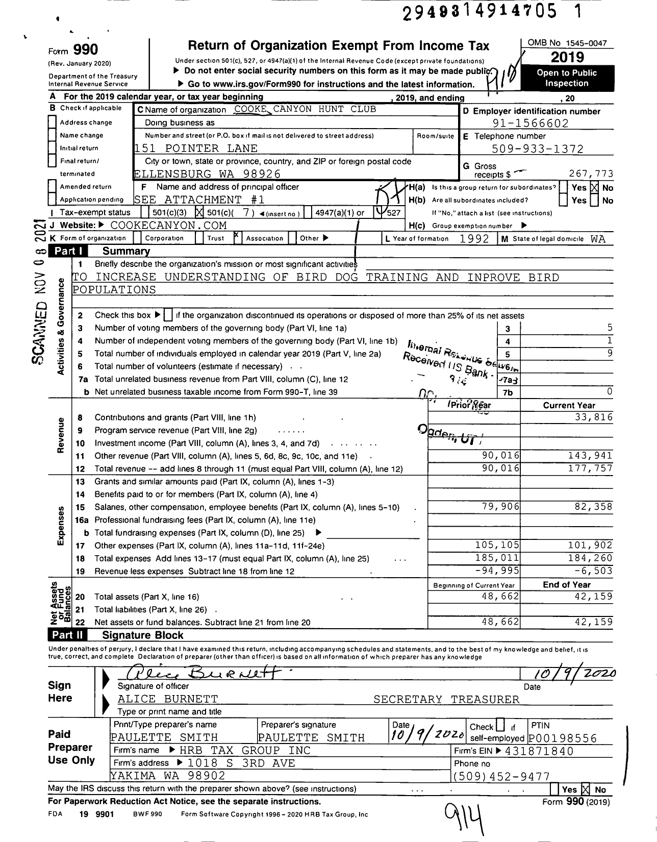 Image of first page of 2019 Form 990O for Cooke Canyon Hunt Club