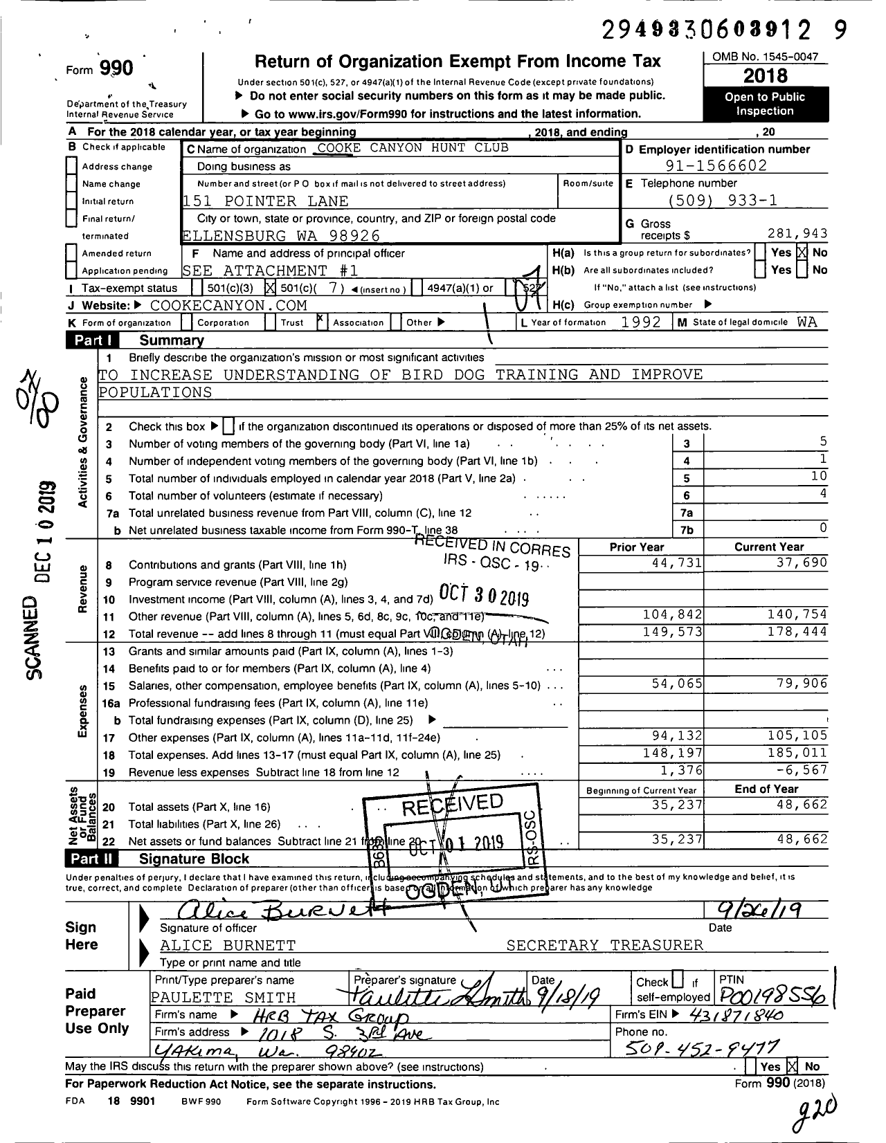 Image of first page of 2018 Form 990O for Cooke Canyon Hunt Club