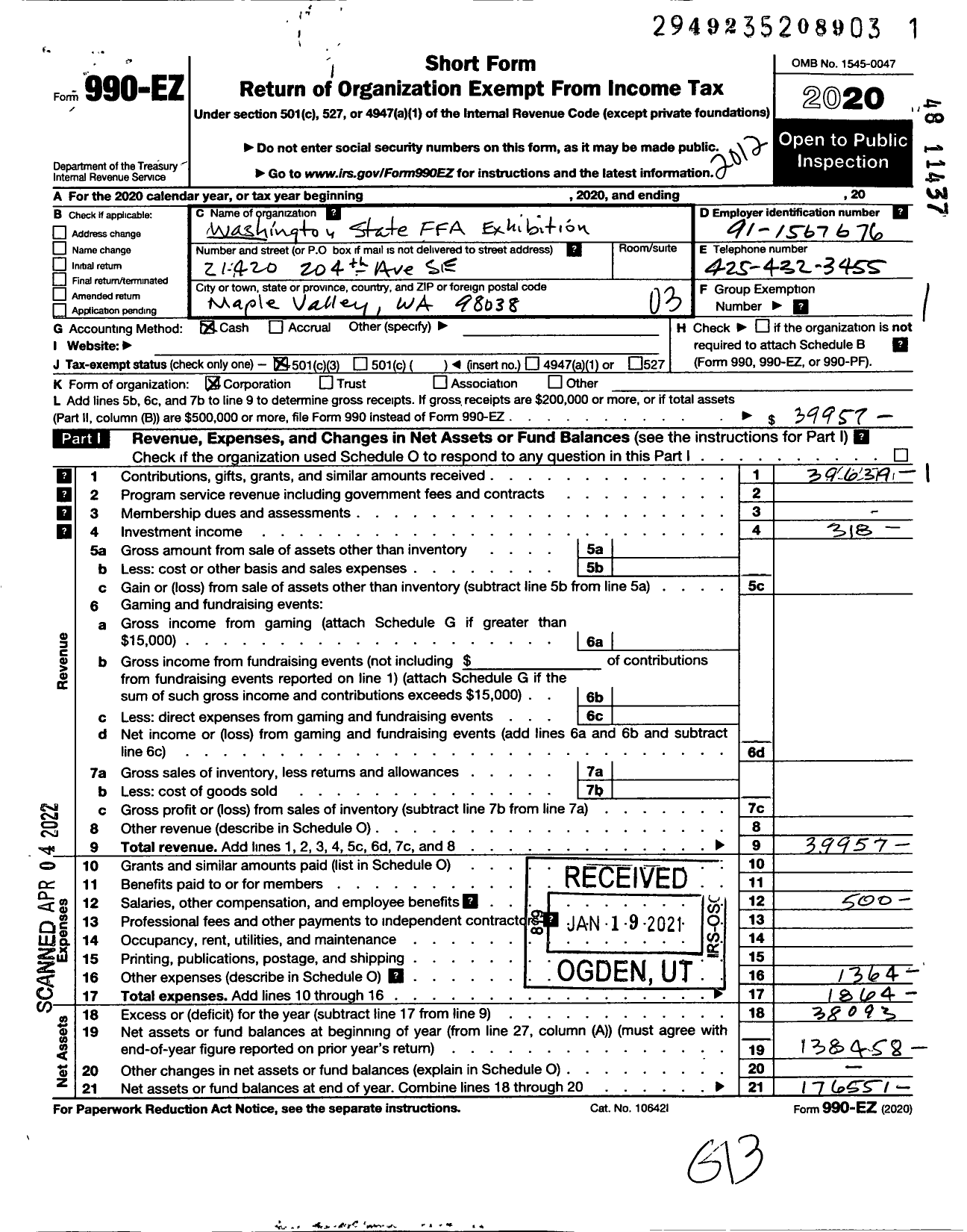 Image of first page of 2020 Form 990EZ for Washington State Ffa Exhibition