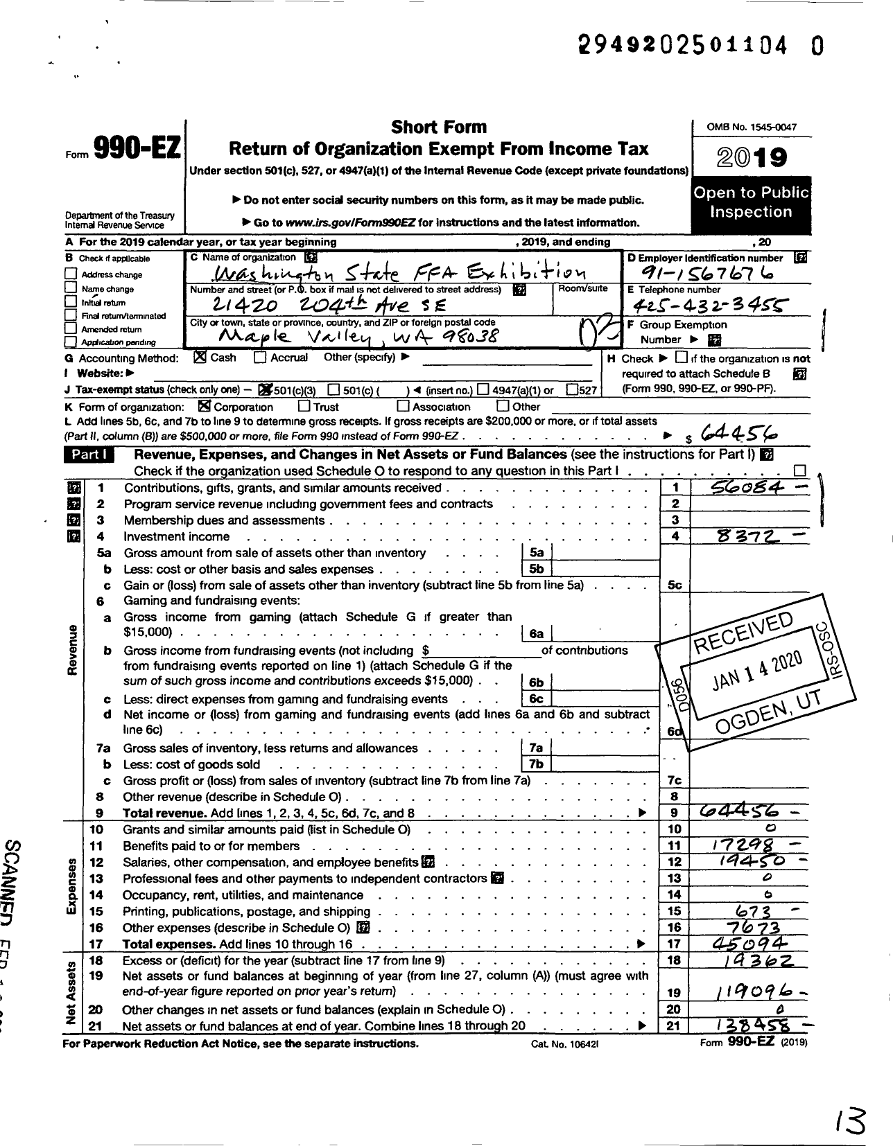 Image of first page of 2019 Form 990EZ for Washington State Ffa Exhibition