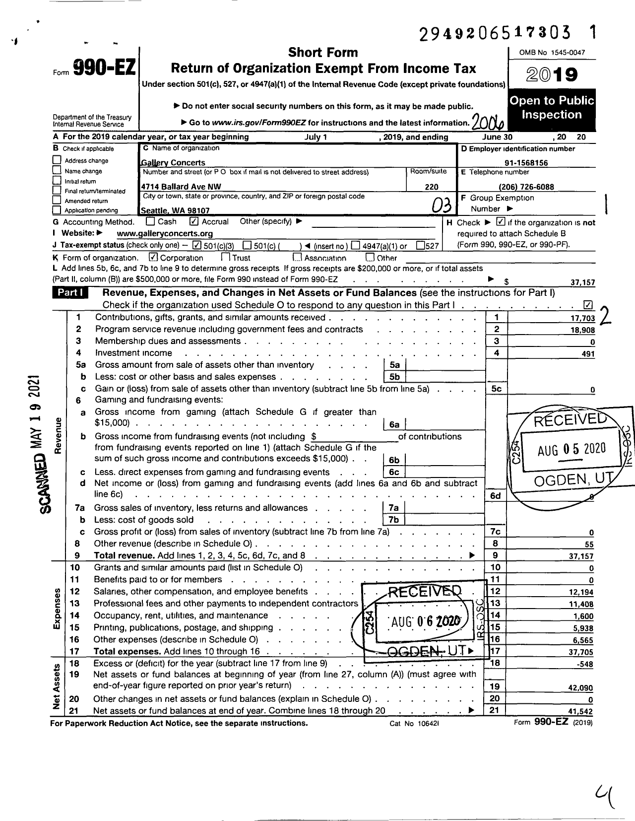 Image of first page of 2019 Form 990EZ for Gallery Concerts