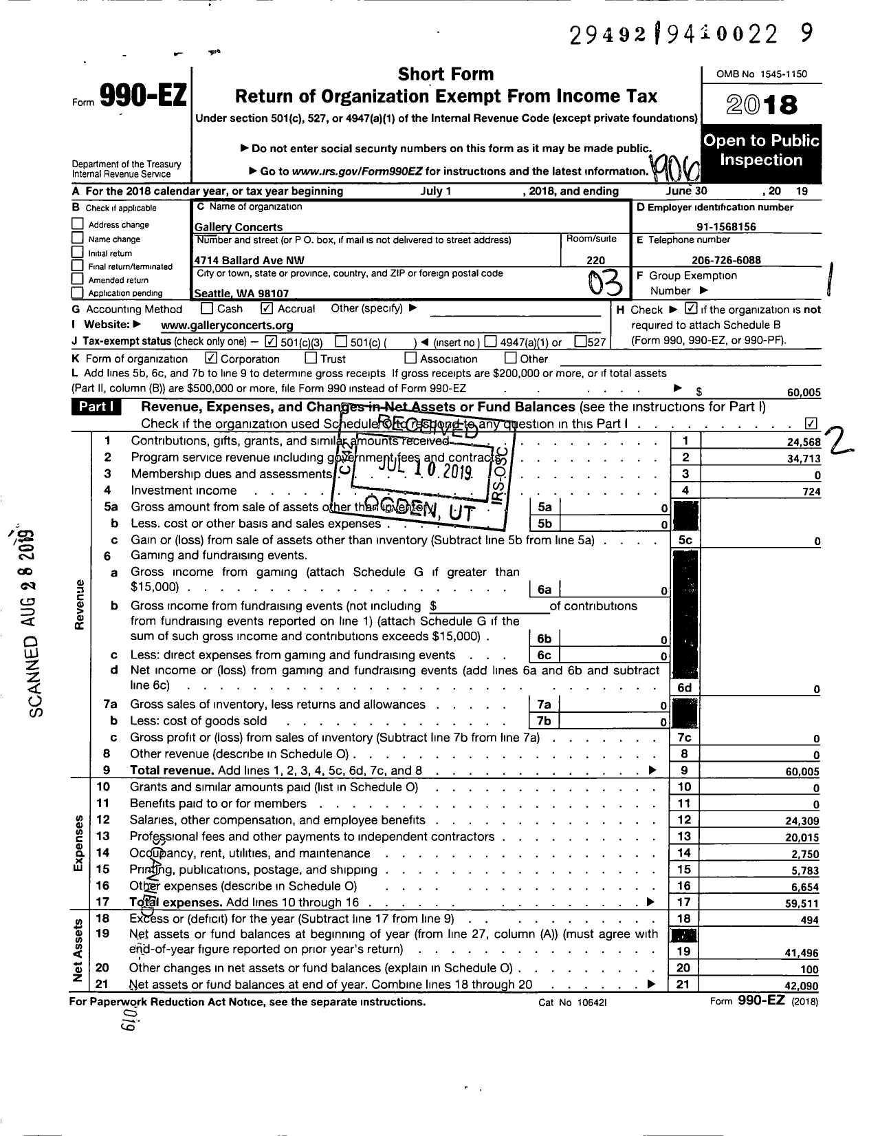 Image of first page of 2018 Form 990EZ for Gallery Concerts