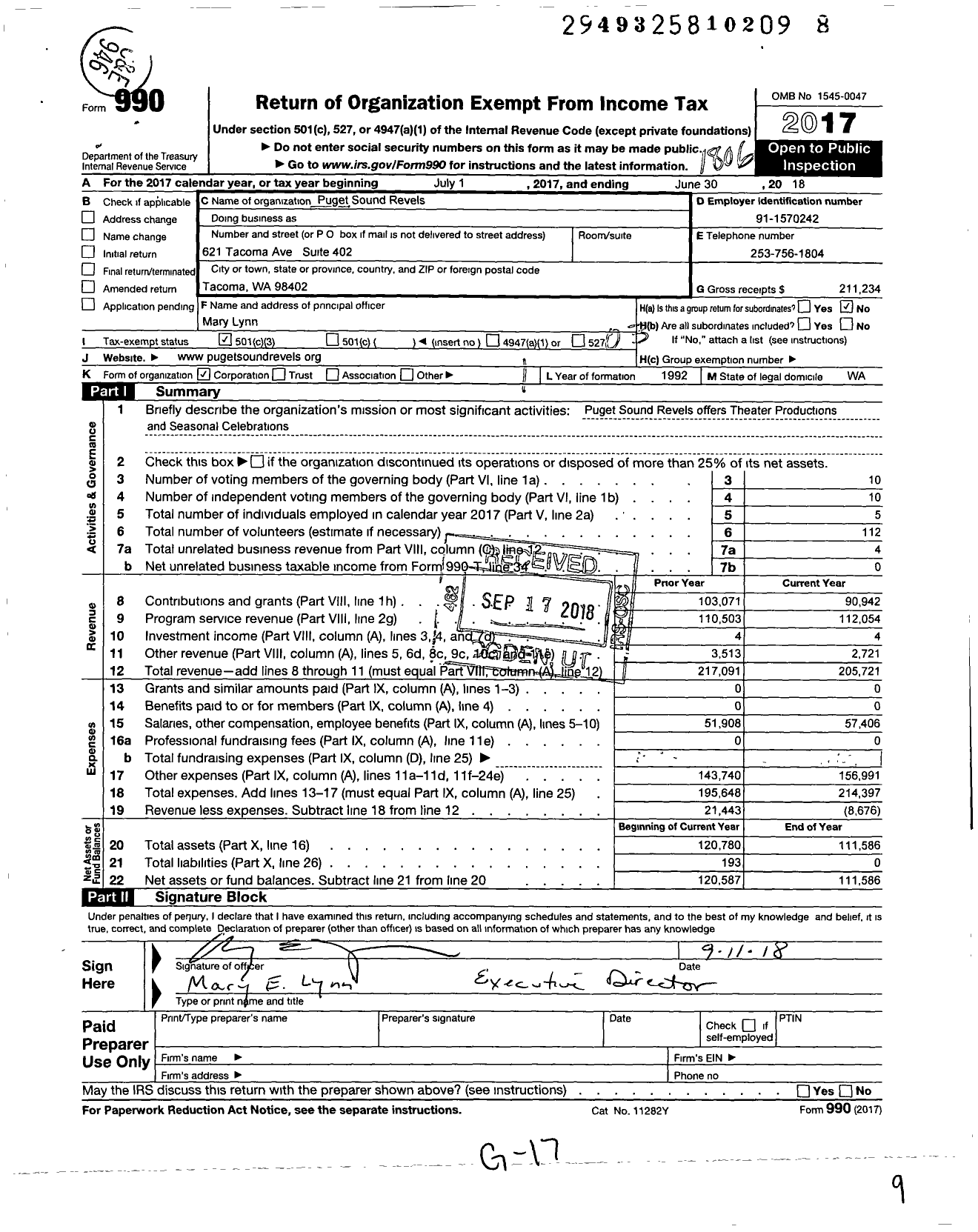 Image of first page of 2017 Form 990 for Puget Sound Revels