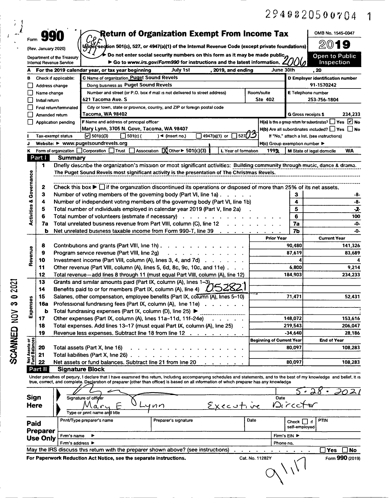 Image of first page of 2019 Form 990 for Puget Sound Revels