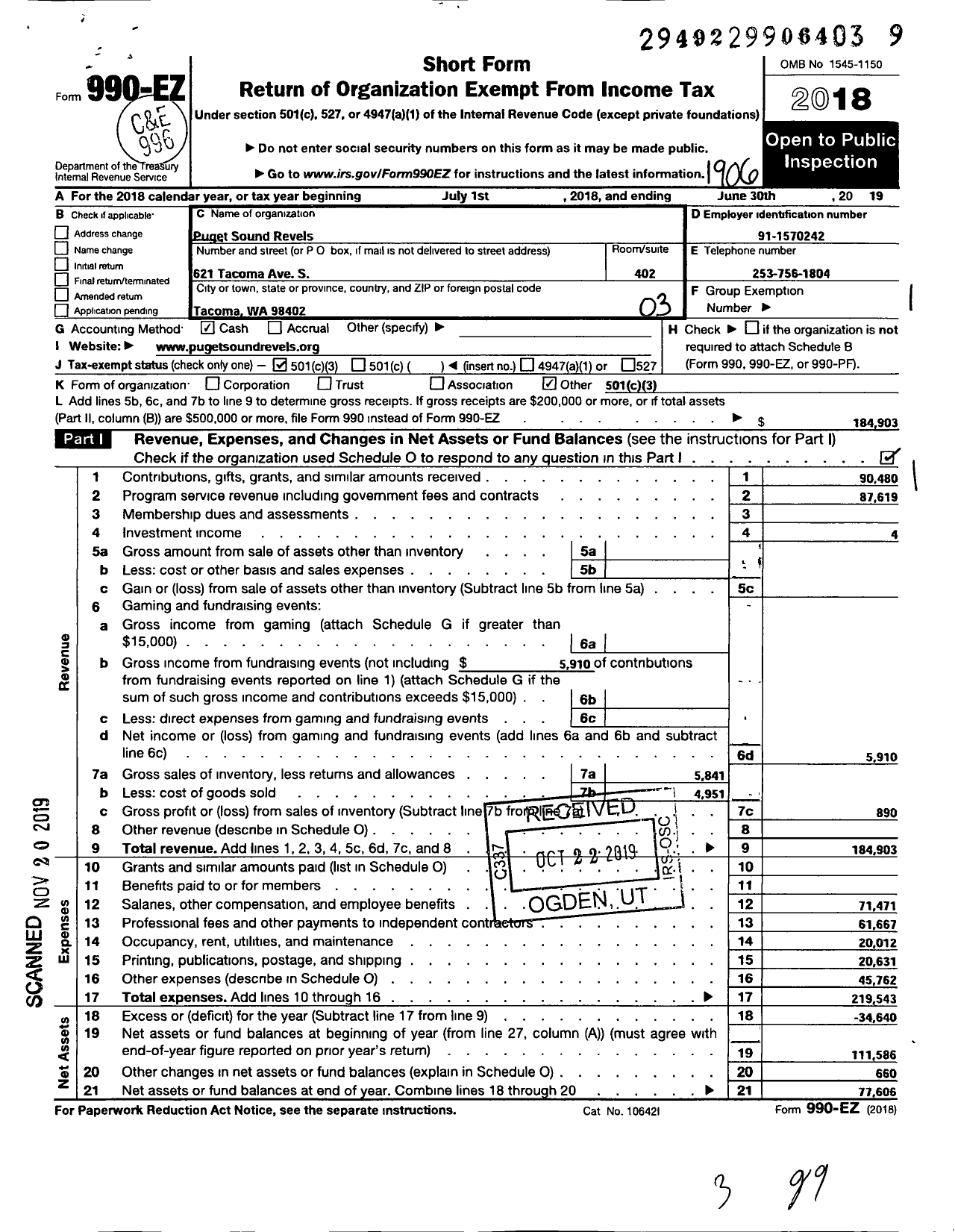 Image of first page of 2018 Form 990EZ for Puget Sound Revels